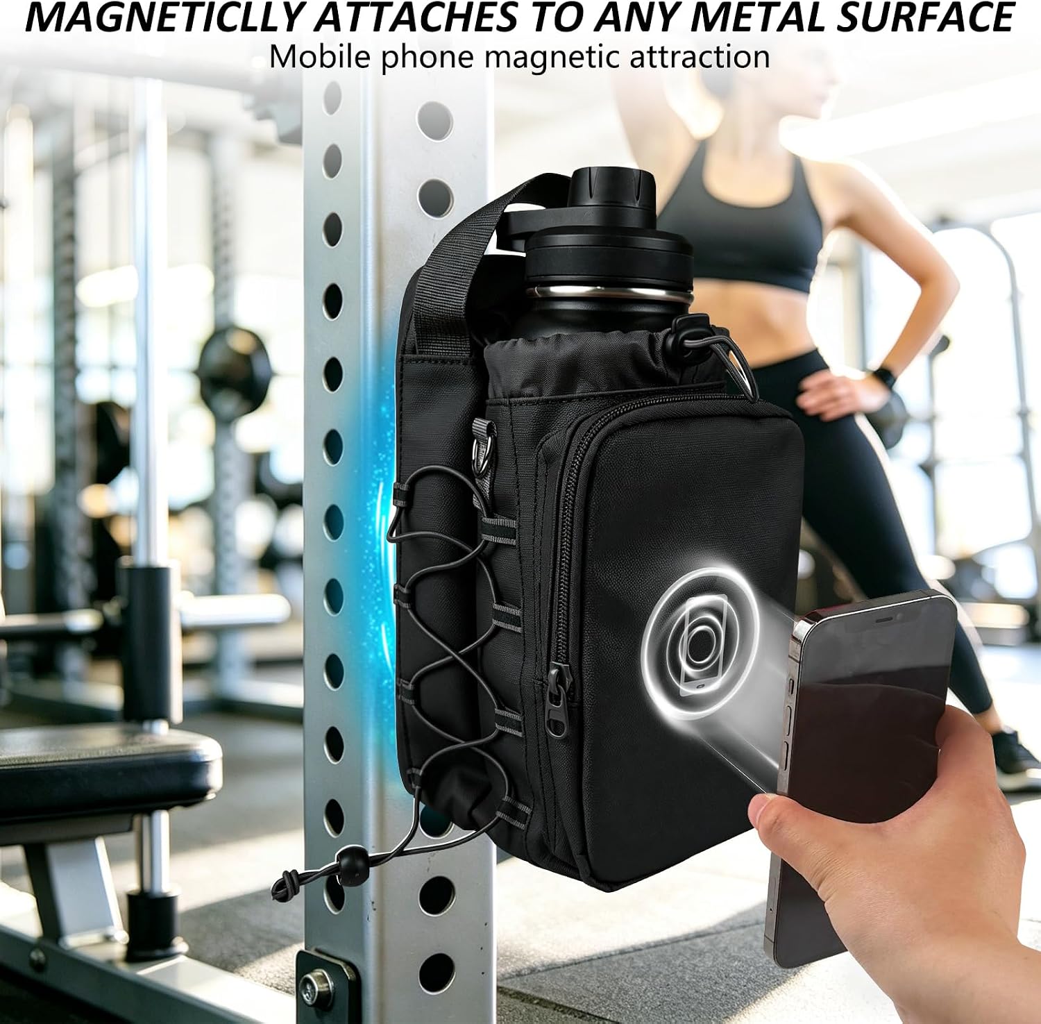 JACZZO Magnetic Gym Bag, Water Bottle Holder,Hands-Free Phone Mount,Gym Gifts for Women and Men (Black)