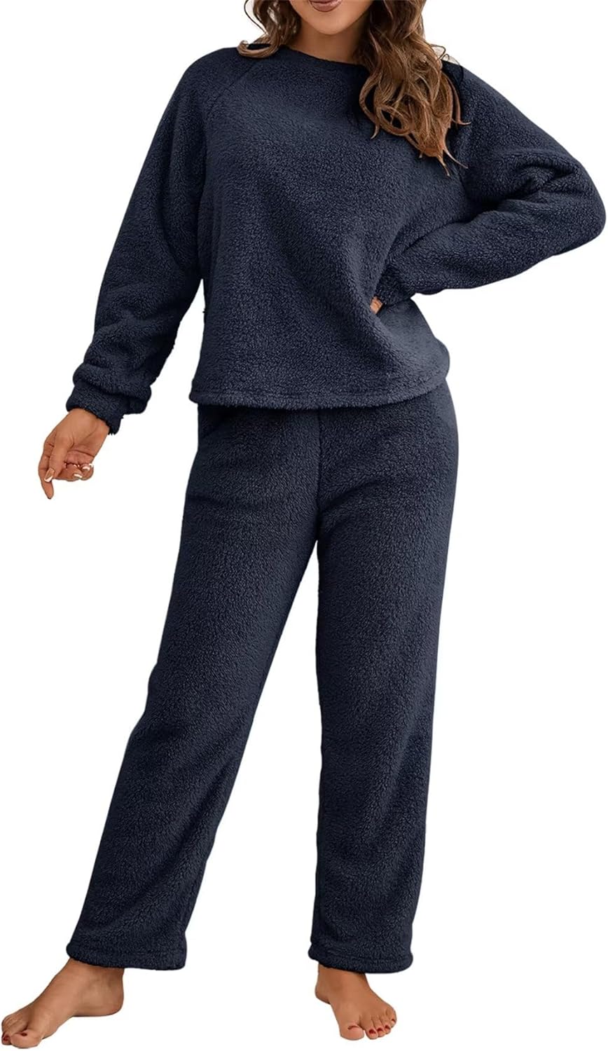 Beralst Women's Fleece Pajamas Set Crewneck Pullover Tops Pants Sleepwear