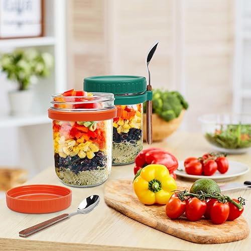 Miniatura 5 de Paquete de 6 recipientes de avena con tapas y cucharas, tarros de vidrio de 16 onzas con tapas, almacenamiento hermético a prueba de fugas para