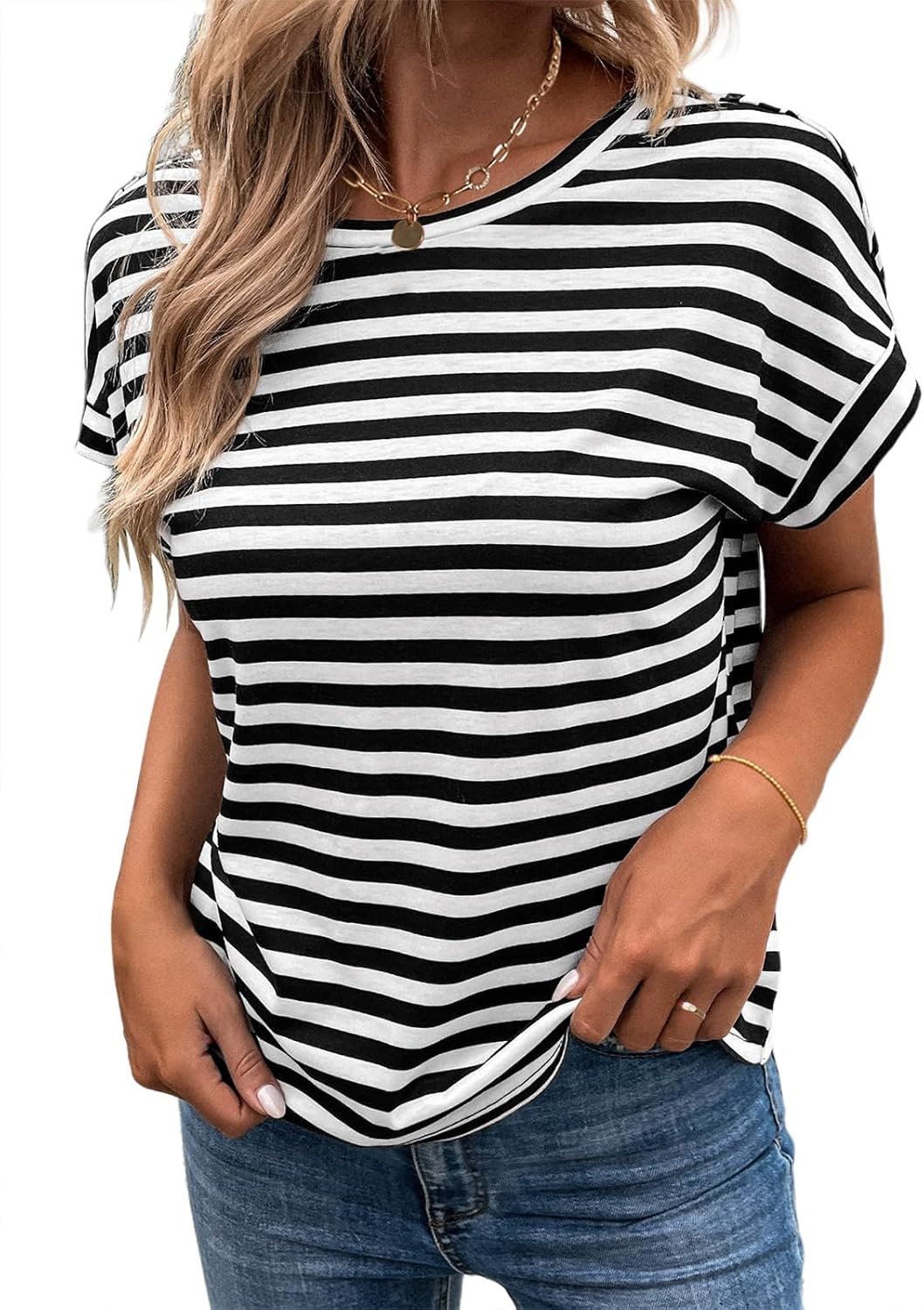 LilyCoco Womens Striped Open Back Tops Criss Cross Back Batwing Sleeve T Shirt - Image 2