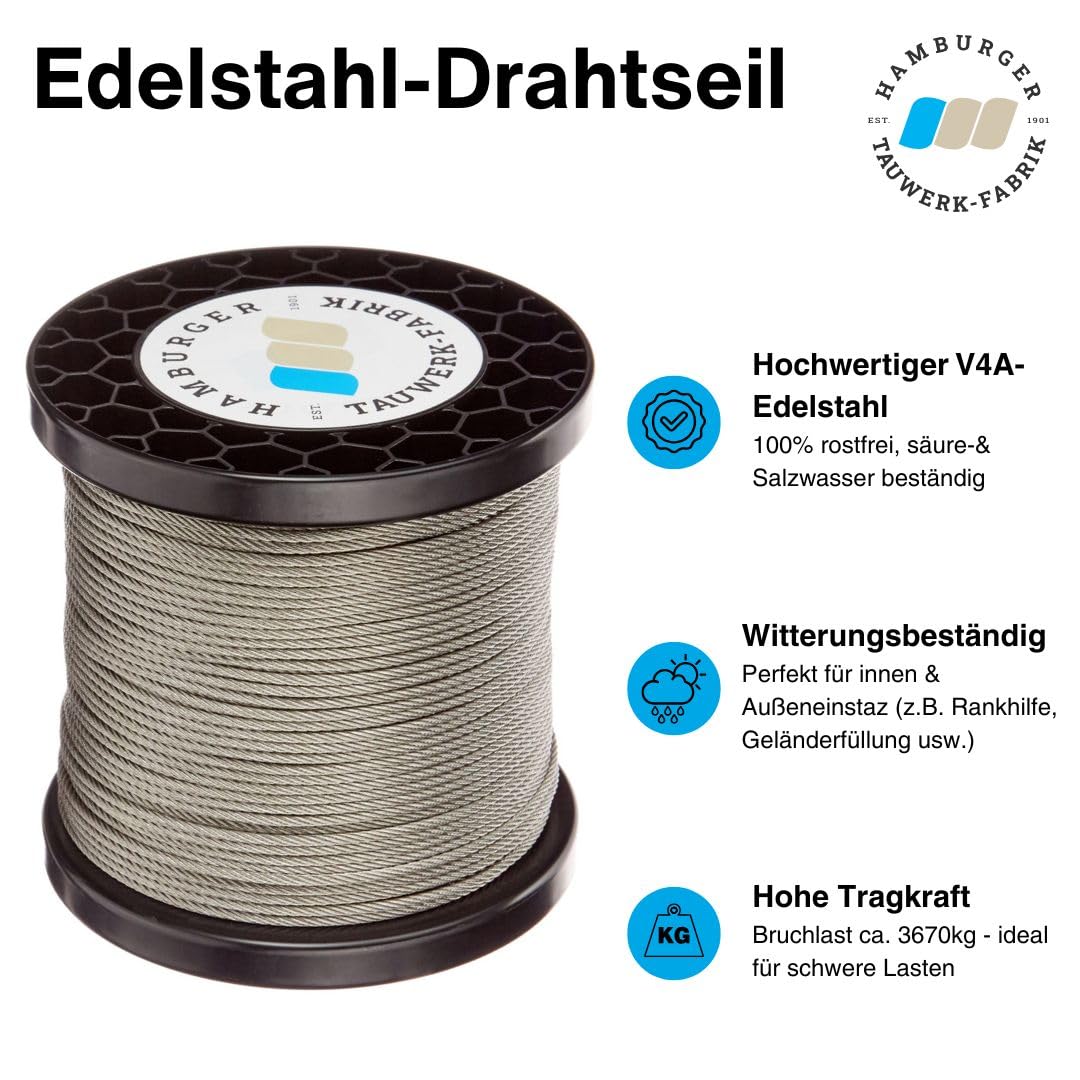 10 Meter - 8mm Edelstahldrahtseil 7x7 V4A Inox rostfrei Drahtseil Stahlseil Geländerseil