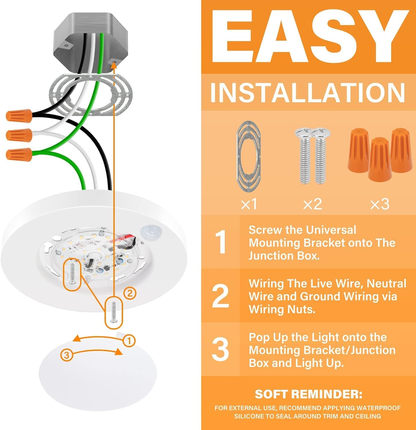 JULLISON 4 Inch Field Selectable 5CCT LED Motion Sensor Ceiling Light, 120V Wired Closet Light, 10 Watts, 600Lm, CRI80+, Non-dimmable, ETL Certified, Wet Location, Round/White, 1 Pack