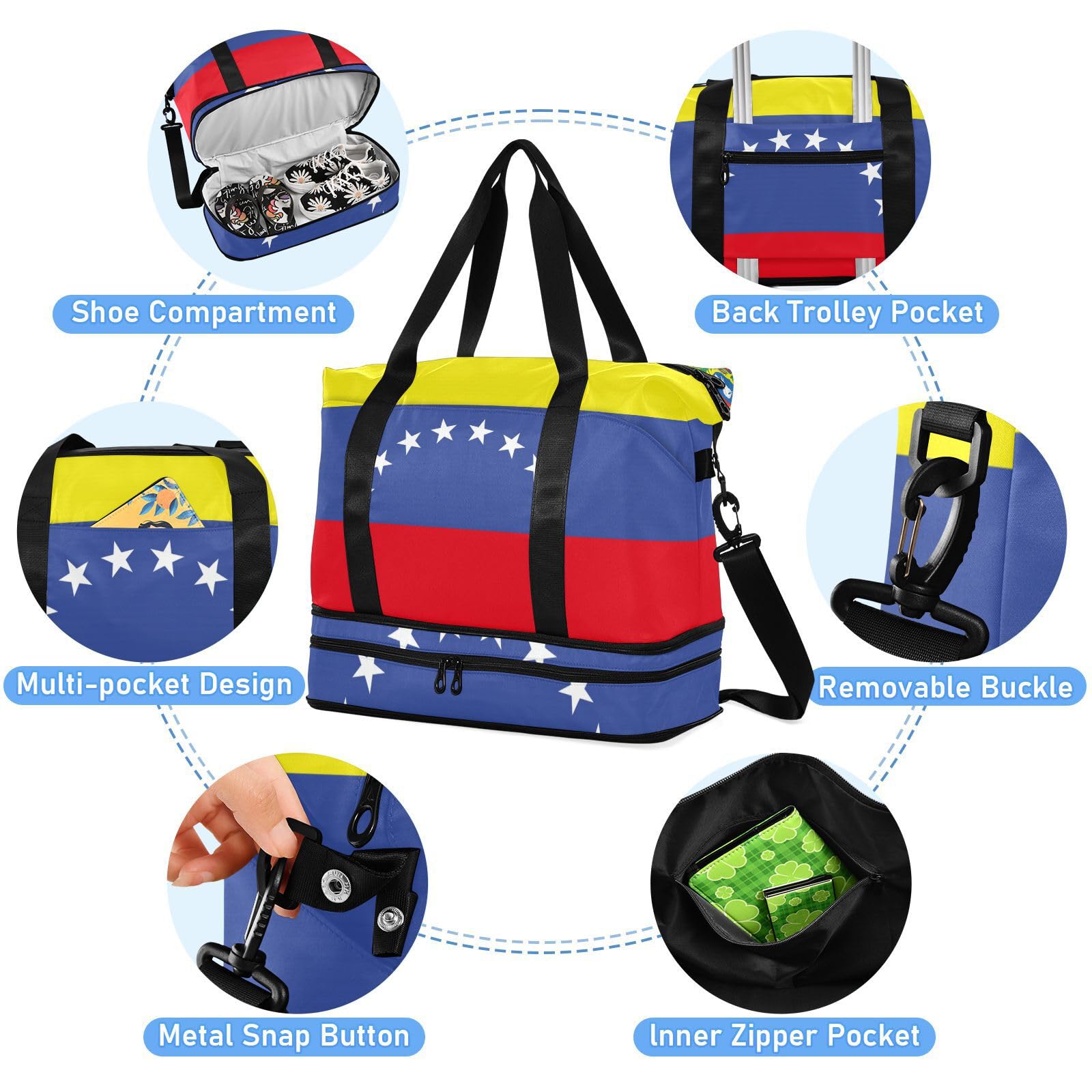 Venezuela - Bolsa de viaje de gran tamaño con bolsillo húmedo ajustable, correa ajustable para el gimnasio, viaje en avión, viajes, 2 piezas, para hombres y mujeres