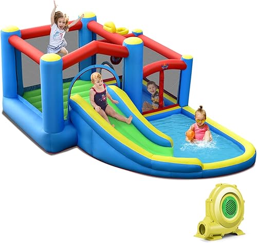 Miniatura 9 de HONEY JOY Tobogán acuático inflable, parque acuático gigante inflable 6 en 1 para niños pequeños con pelota objetivo y escalada, toboganes acuáticos