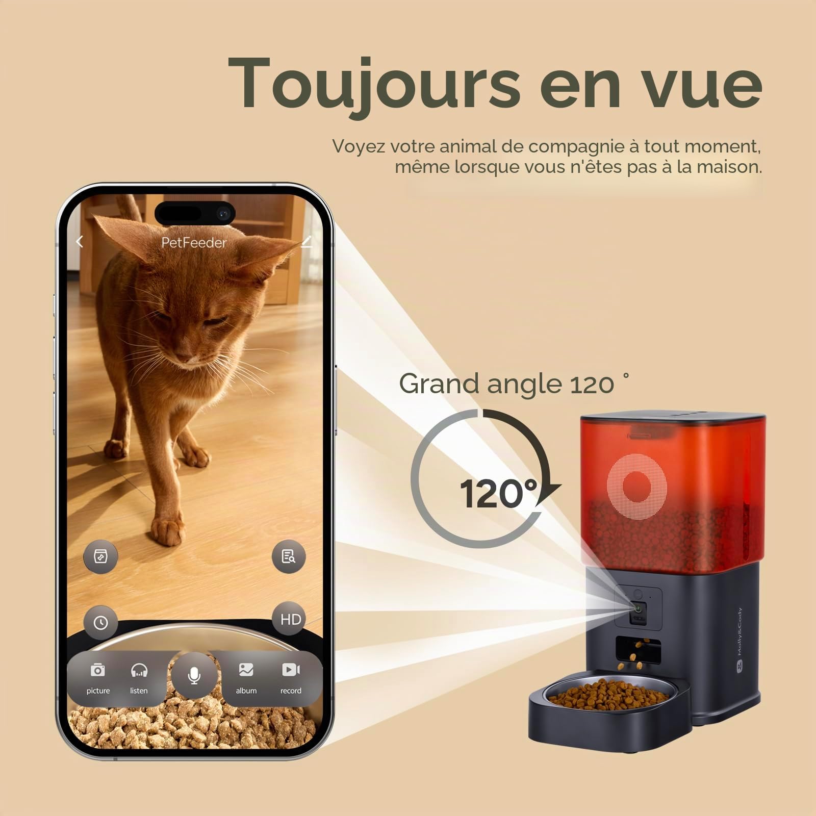 Distributeur Croquettes Chat Automatique avec Caméra, 6L, pour Chat et Petit Chien, Audio Bidirectionnel, Vision Nocturne, Contrôle Via App WiFi 2.4G, Bol en Acier Inoxydable (Blanc)