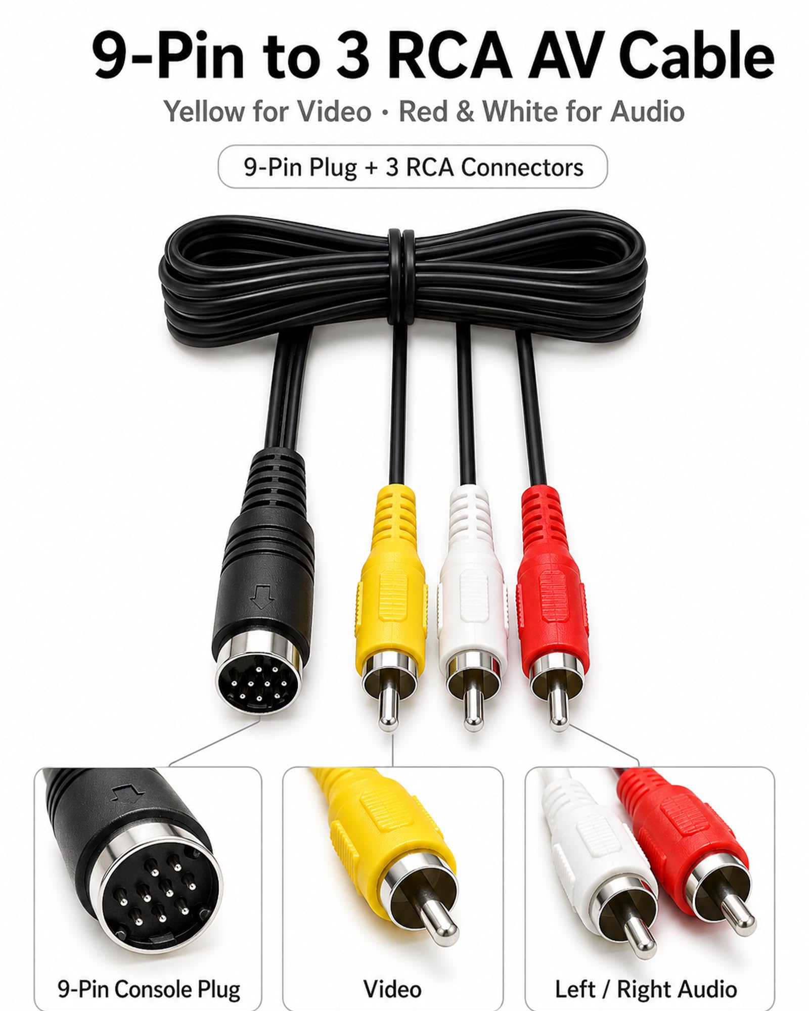 AV-Kabel für Sega Genesis 2 und Genesis 3, 1,8 m, Composite-Cinch-Audio-Video-Kabel, 9-poliger Konsolenstecker auf gelb-weiß-rote Cinch-Stecker, verbindet Genesis 2 3 mit TV