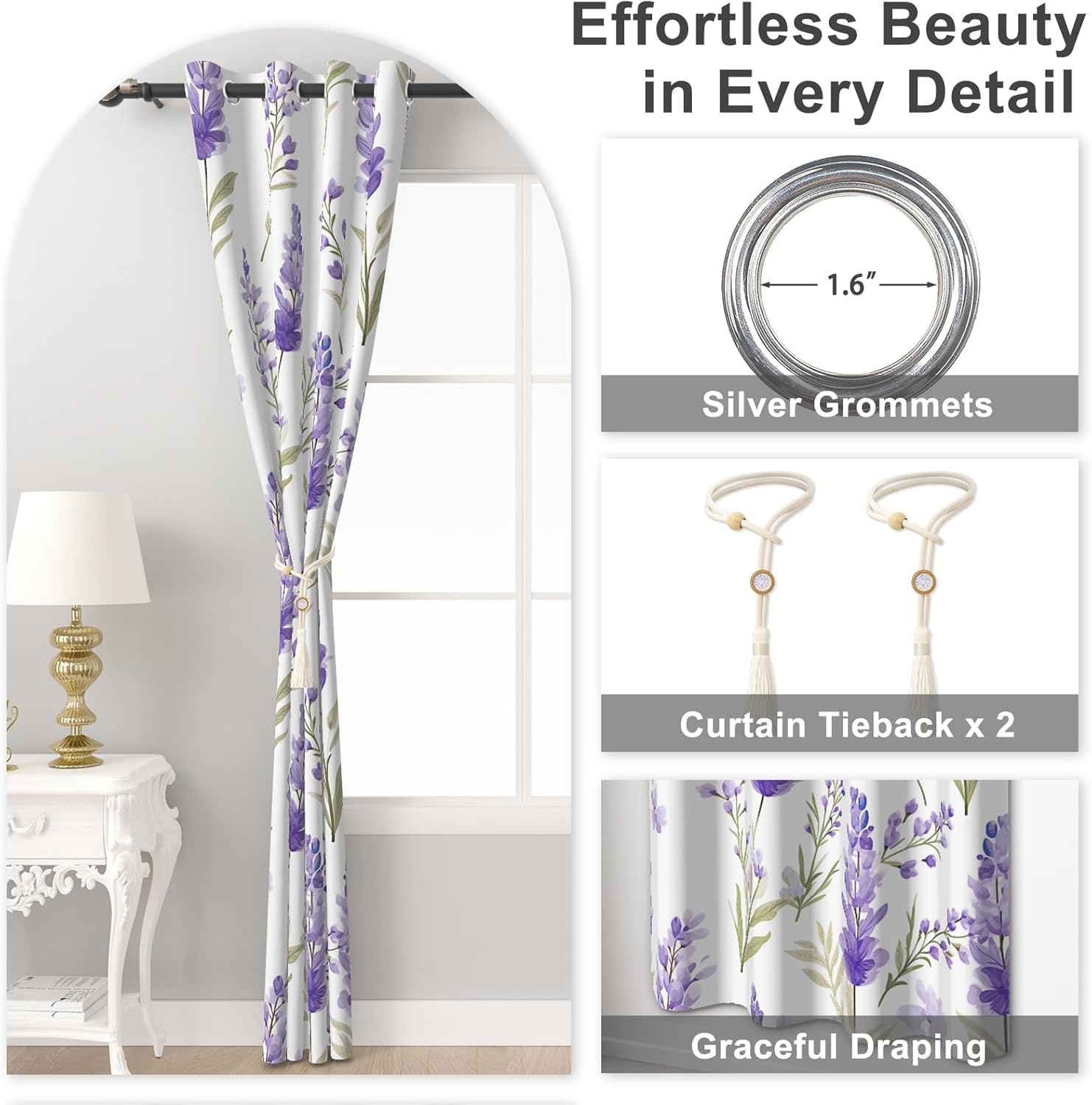 Lavender Printed Blackout Curtains for Bedroom and Living Room, Light Filtering Soundproof Drapes 84 Inch Length 2 Panels Set, Thermal Insulated Room Darkening Privacy Windows Curtains with Tiebacks