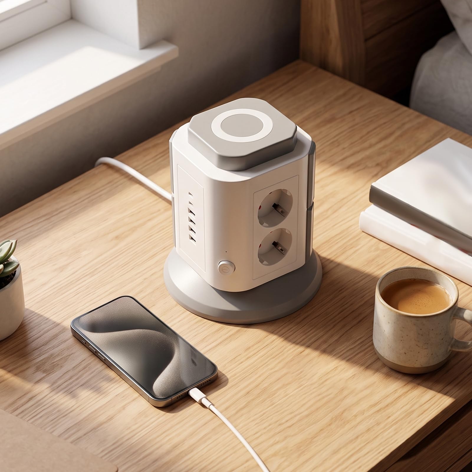 Pionowa Wieża Listwy Zasilającej, 6 Portów USB i Ochrona Przed (wtyczka | 6 Gniazd AC, 6 Portów USB (2 Typu C), Obudowa z ABS z Opóźnieniem Płomienia, Moc Znamionowa 2500W, Zabezpieczenie Przed