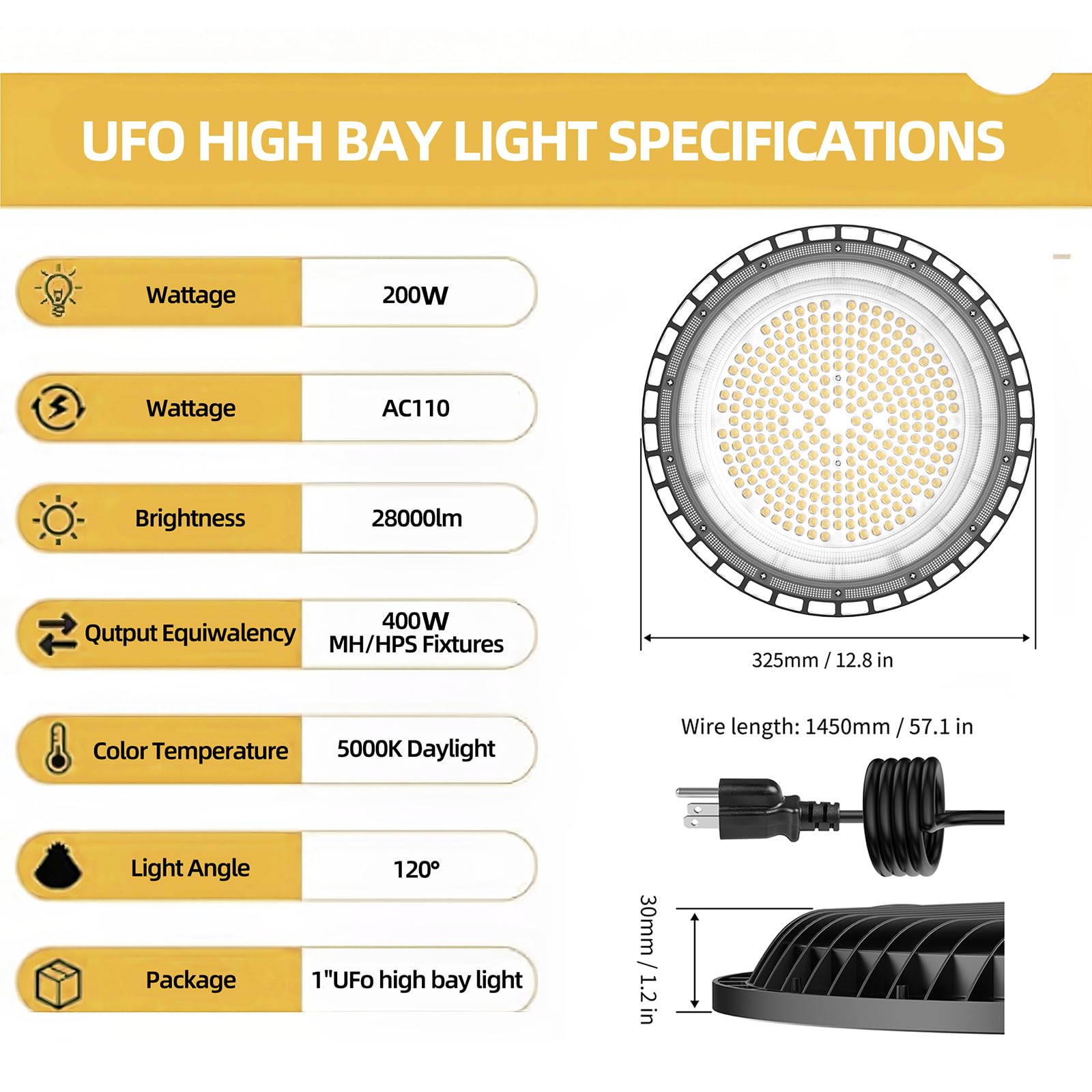2 Pack UFO 200W LED High Bay Light 5000K 28 000LM 5 ft Cable with US Plug UL — view 3