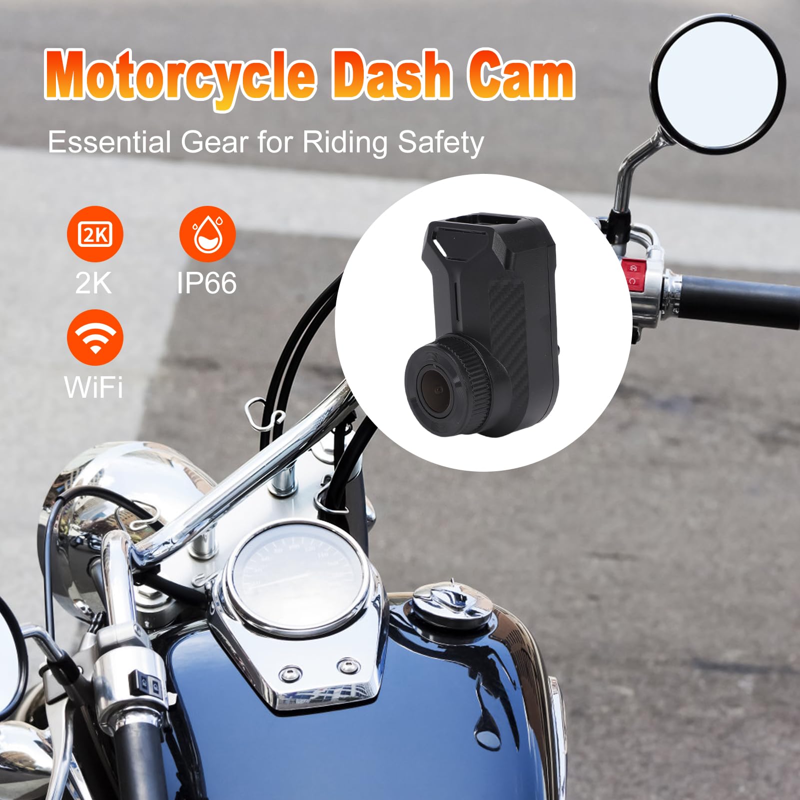 Shkalacar Dash Cam per Moto 2K, Registratore di Guida WiFi 2.4G con Registrazione in Loop e Controllo APP, Impermeabile IP66, per IOS e