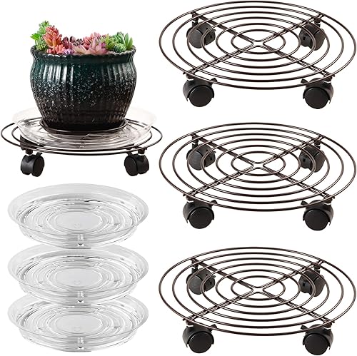 Miniatura 9 de Paquete de 3 soportes grandes de metal para plantas de 13.8 pulgadas con ruedas de hierro forjado de alta resistencia con ruedas para interiores y