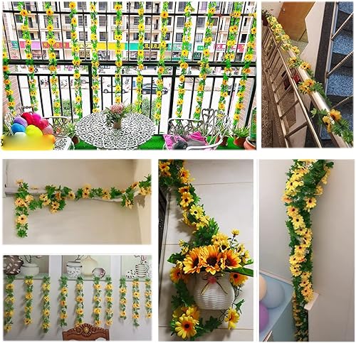 Miniatura 7 de QUUPY Paquete de 2 guirnaldas artificiales de girasoles de seda, flores artificiales, hojas verdes, cabeza floral, girasoles falsos para mesa de