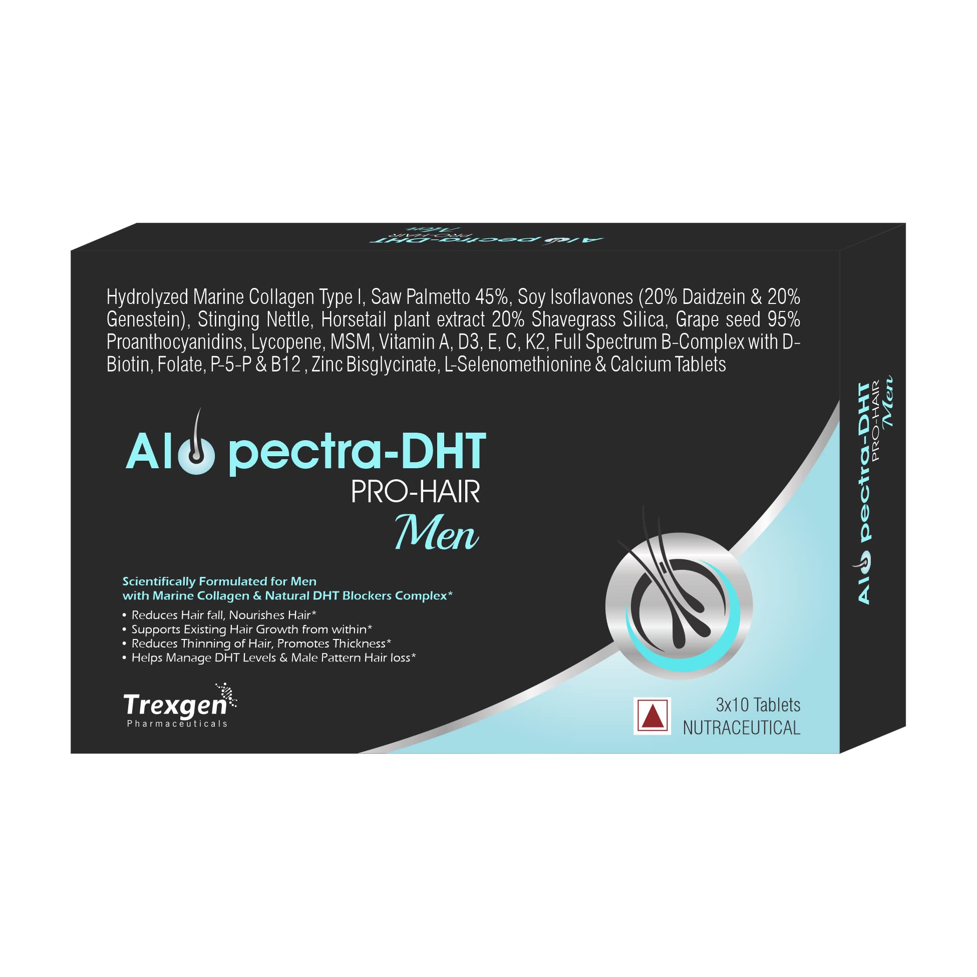 Trexgen ALOPECTRA-DHT Pro-Hair MEN Marine Collagen- DHT Blocker Complex (30 Tablets) (Pack of 1)-image-36