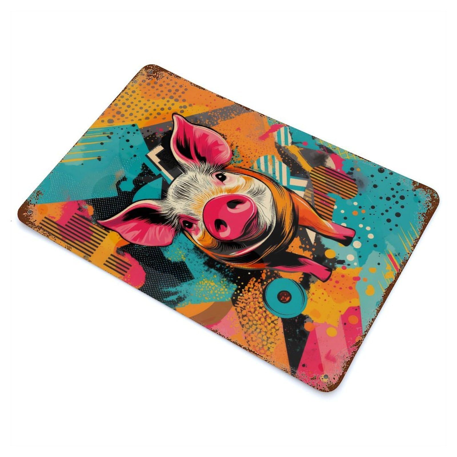 Piggy Pop Art Vibrant Farm Animal Print Rustic Tin Plaque 11.8"x7.9", Novelty Wall Decor for Garage, Pub Or Kitchen