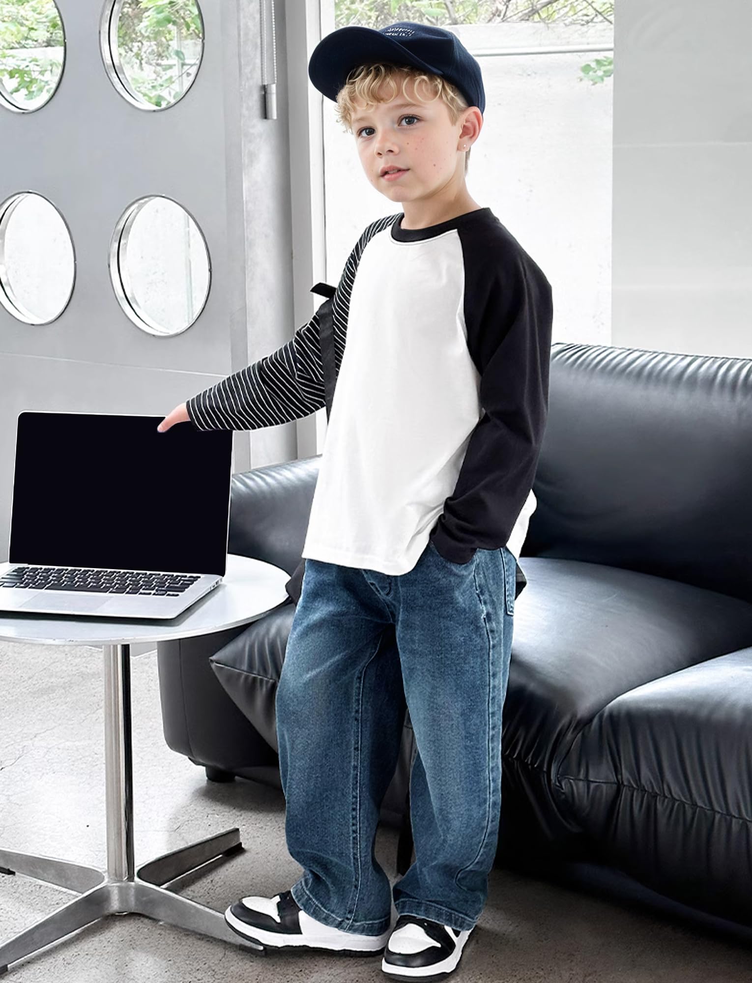 FEOYA Garçon Jeans La Mode Lâche Enfant Pantalon Baggy Printemps Ado Loisirs Automne Jambes Larges Sport Classique Ceinture Élastique Cylindre Droit Solide 5-14 Ans