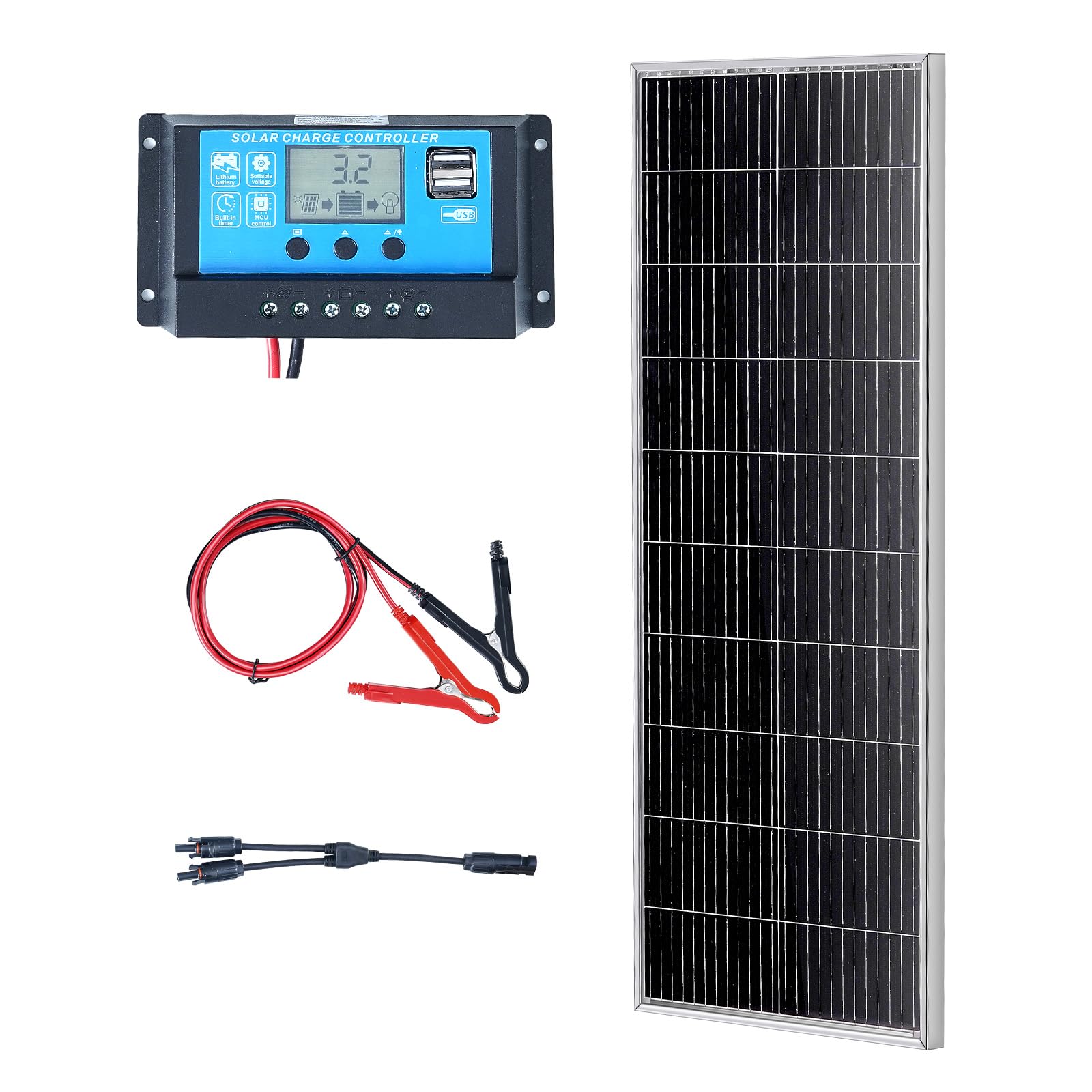 VEVOR Kit Pannello Solare Monocristallino 100 W con Regolatore di Carica, Kit di Pannello Fotovoltaico Monocristallino 12 V Impermeabile IP68 per Casa, Camper, Barca, Off-Grid, Pannelli Fotovoltaici