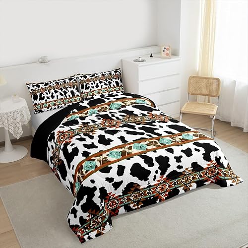 Miniatura 6 de Erosebridal - Juego de edredón de piel de vaca con estampado de vaca de las tierras altas en blanco y negro, juego de ropa de cama occidental, funda