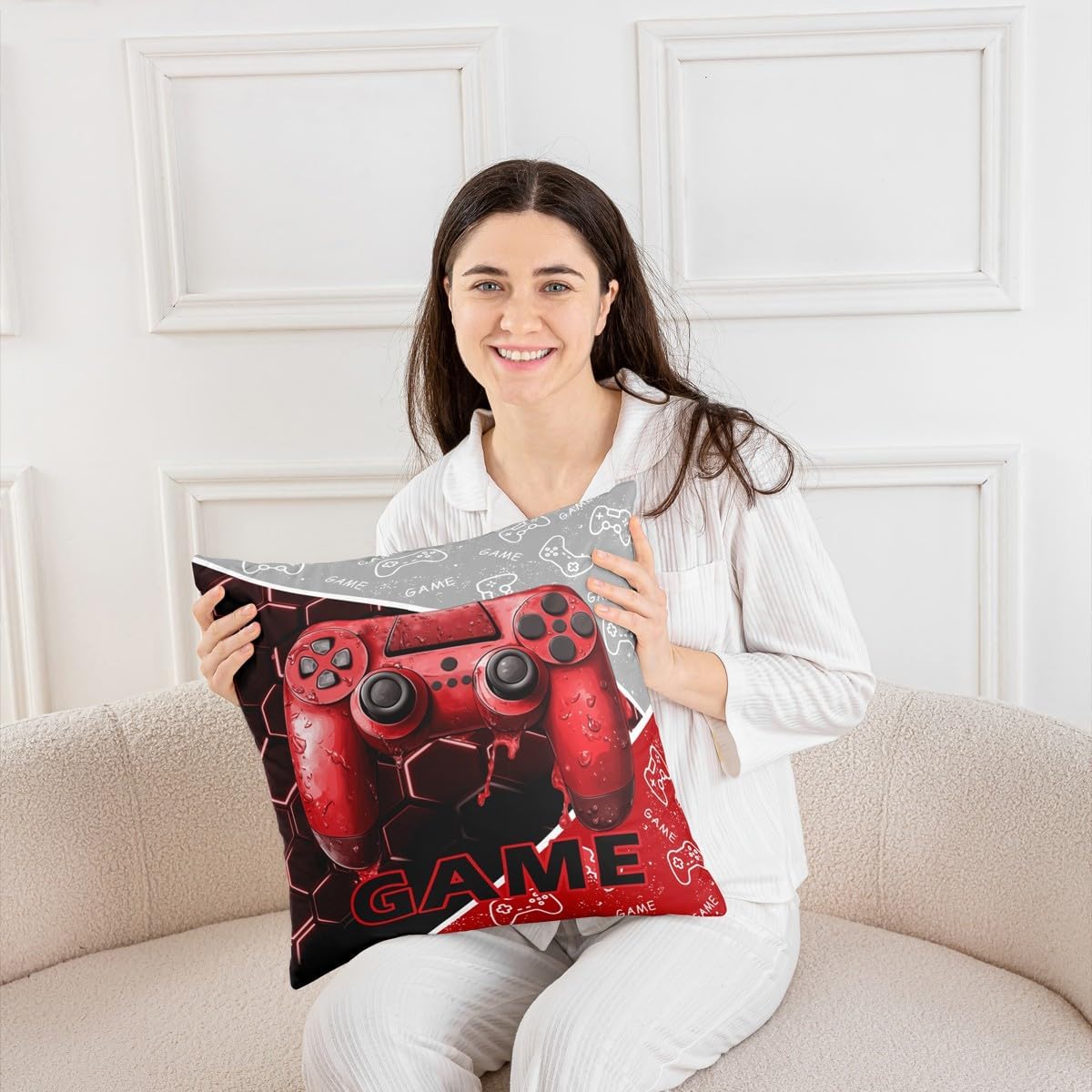 Game Consoles Throw Pillow Cover 3D Gamepad Gaming Sports Gamer Gifts Kids Pillow Cover for Living Room Bedroom Red Neon Hexagon Patchwork Home Decor Cushion Case Pillowcase 18x18 Inch image 4