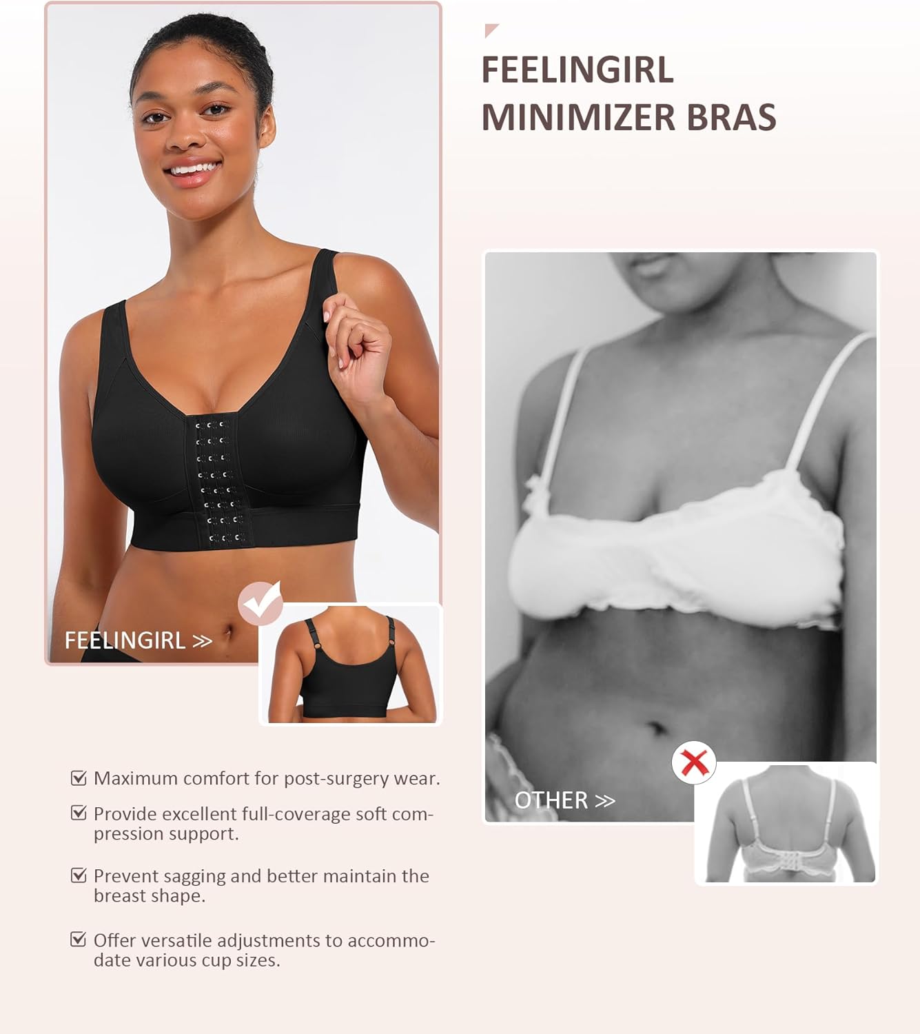 FeelinGirl Minimizer Bras Post Surgery Compression Front Closure Bra Wirefree Mastectomy with Adjustable Straps - Image 5