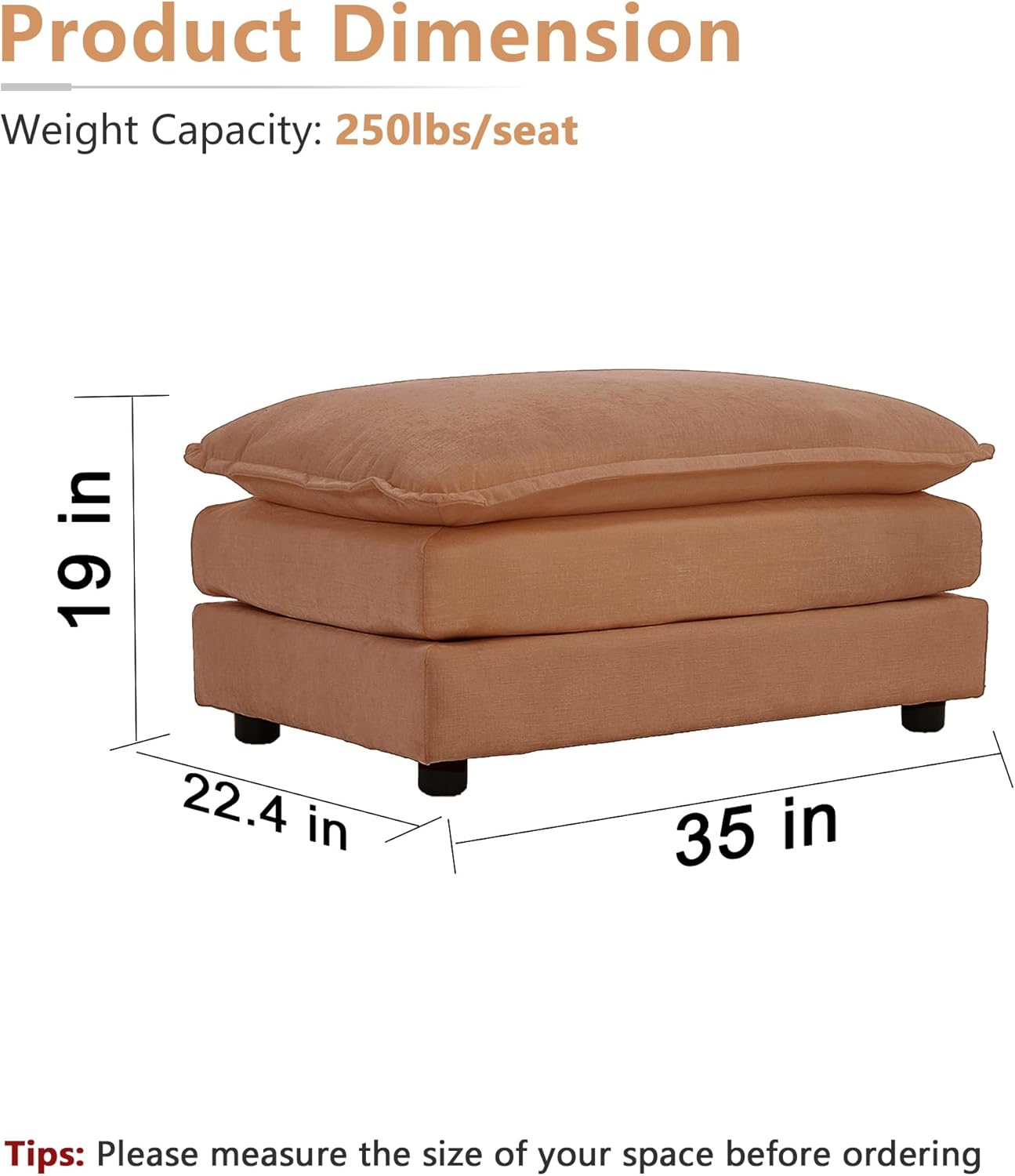 mikibama Chenille Upholstered Couches Ottoman for Modular Sectional Sofa, Orange
