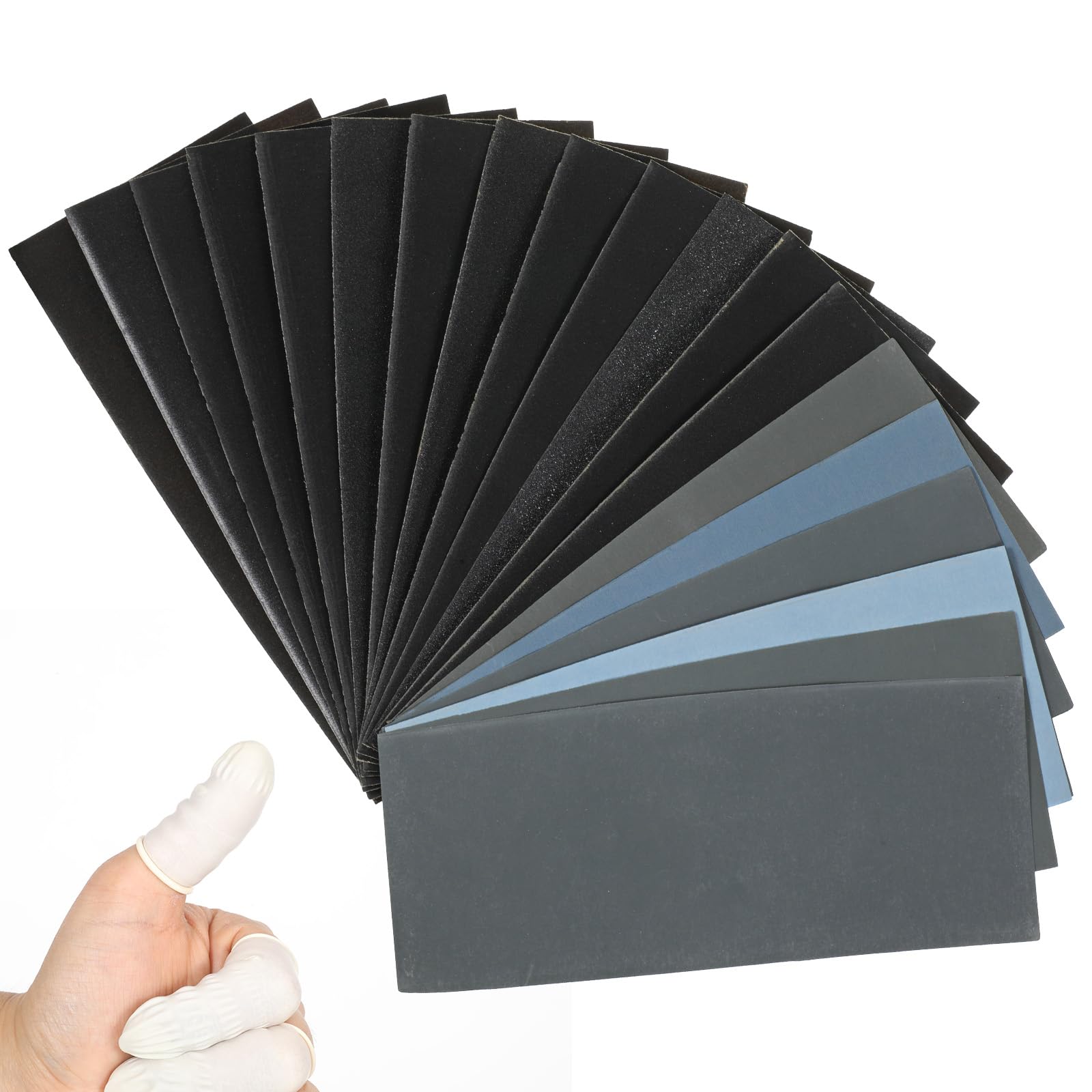 Extra Fine Sand Paper, Sandpaper Assortment, 100 to 20000 Assorted Grit Sanding Paper, Wet Dry Sandpaper, 22 PCS San-Paper Sheets with 5 Finger Cots, Sand-Paper for Wood, Car, Metal, (9 x 3.5 Inch)