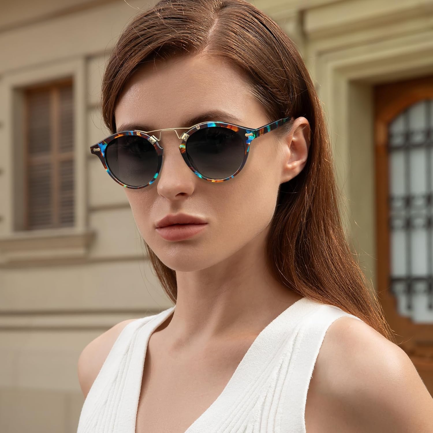 CARFIA Double Bridge Small Acetate Sunglasses for Women Polarized, Retro Metal Brow Ladies Sunnies Fashion Round Eyewears - Image 2