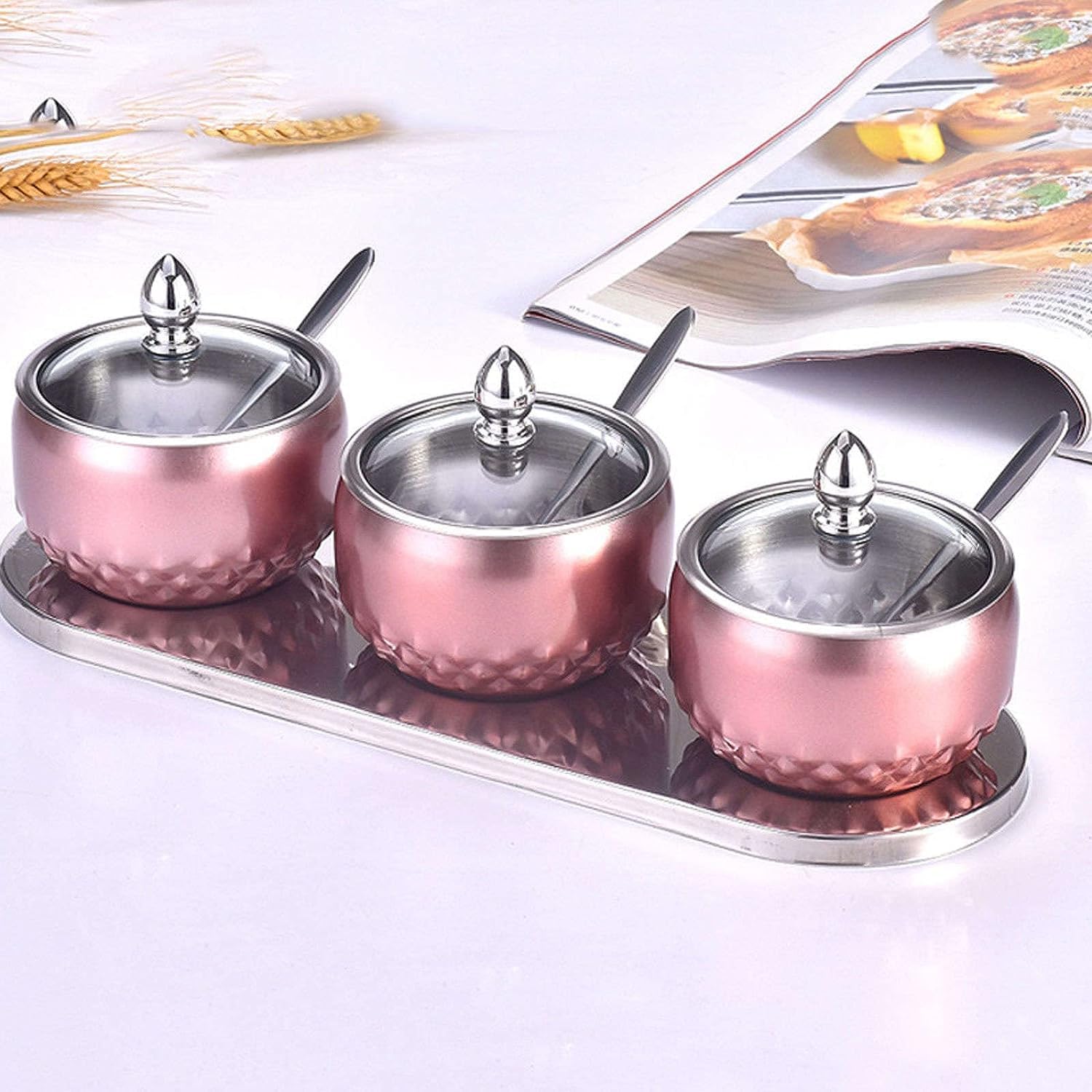 Salero Y Azucarero Cocina Juego De Recipientes Para Especias Y Tarros Condimentos Acero Inoxidable Con Tapas, Bandeja, Cucharas, Recipiente Para Caja De Almacenamiento(A)