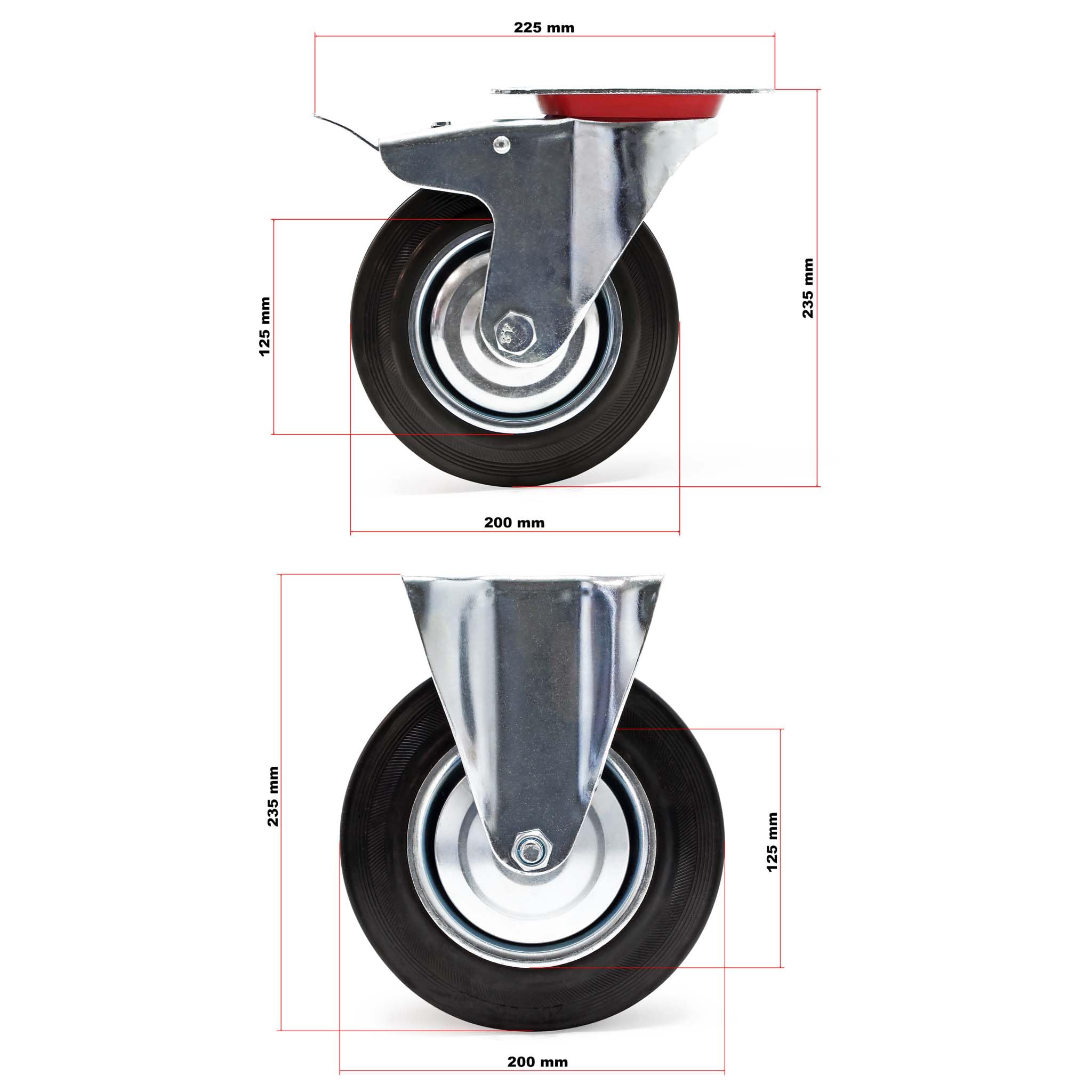 Kółka transportowe zestaw 200mm 2x obrotowe z podwójnym hamulcem i 2x stałe pełne gumowe 150kg/koło