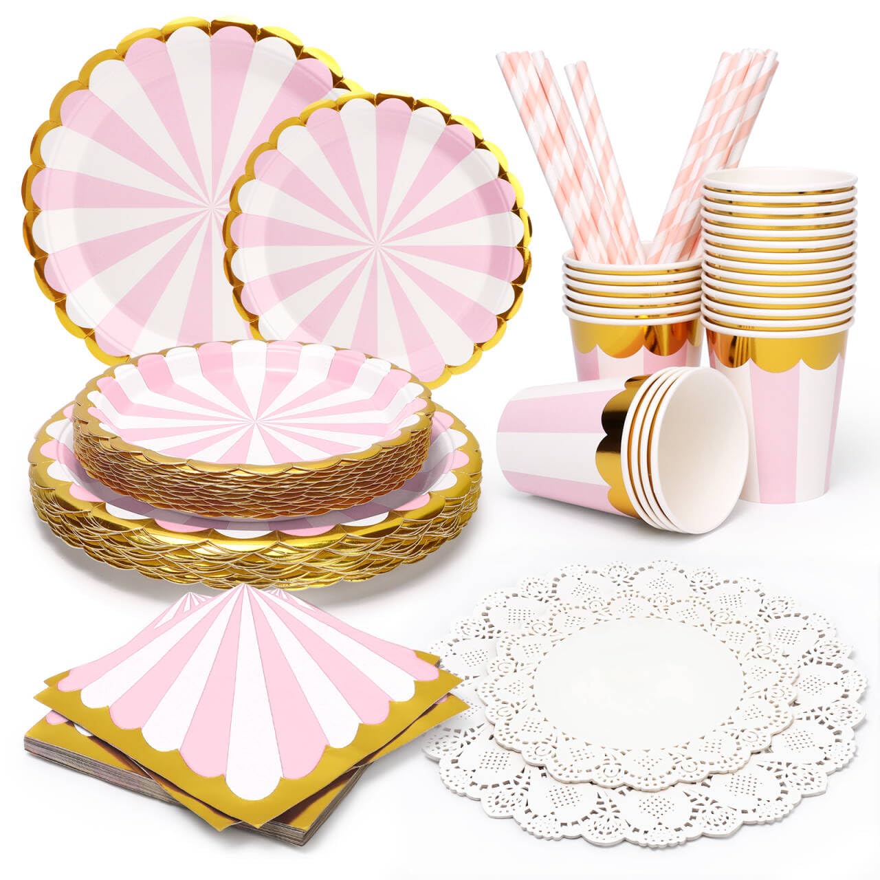 PARTY GO 170PC Pink Paper Plates Cups Napkins Straw, Paper Doilies