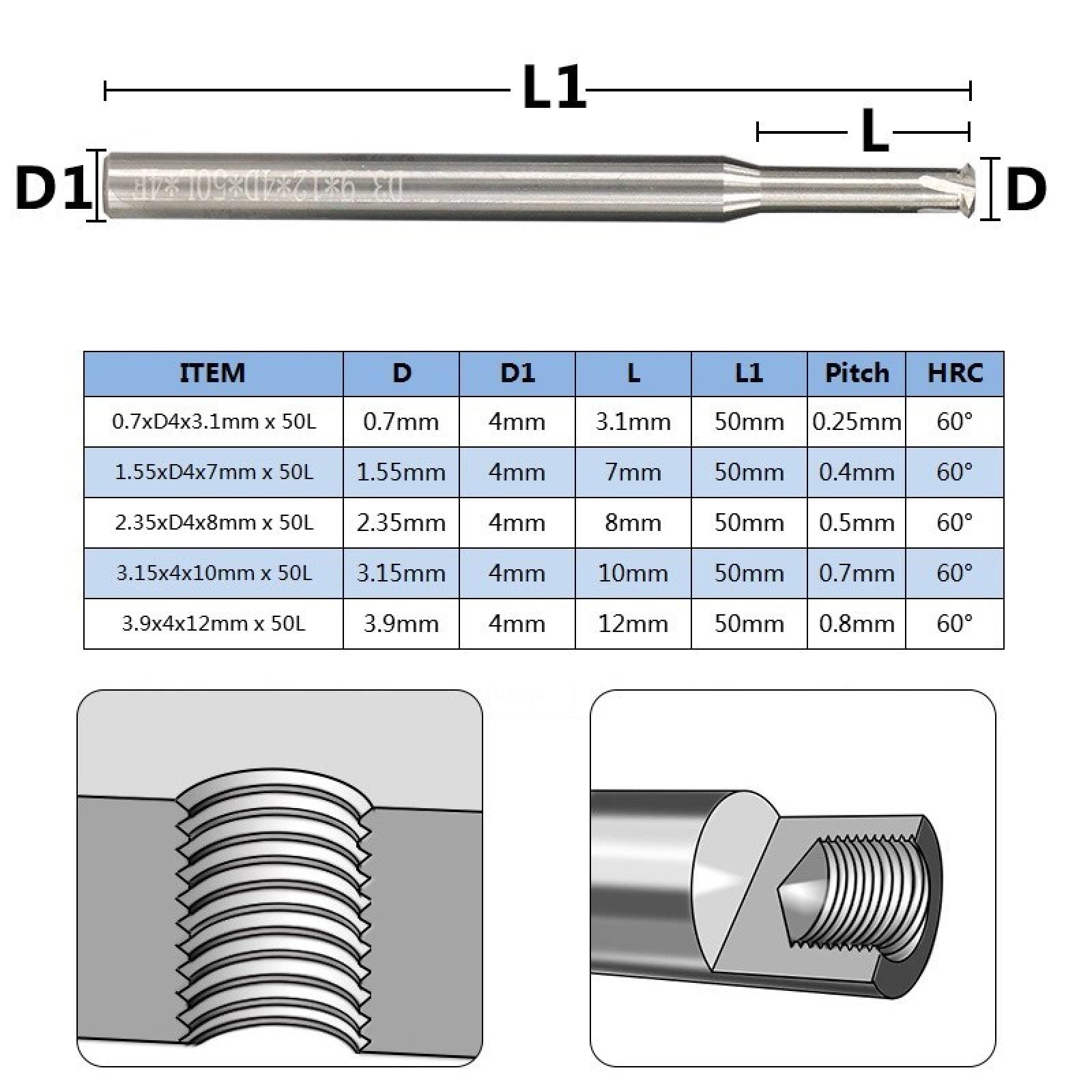 Frez do gwintów z chwytem 4 mm, metryczny frez trzpieniowy z węglika wolframu do stali aluminiowej, 1 szt.(P0.4xd1.55xd4x50)