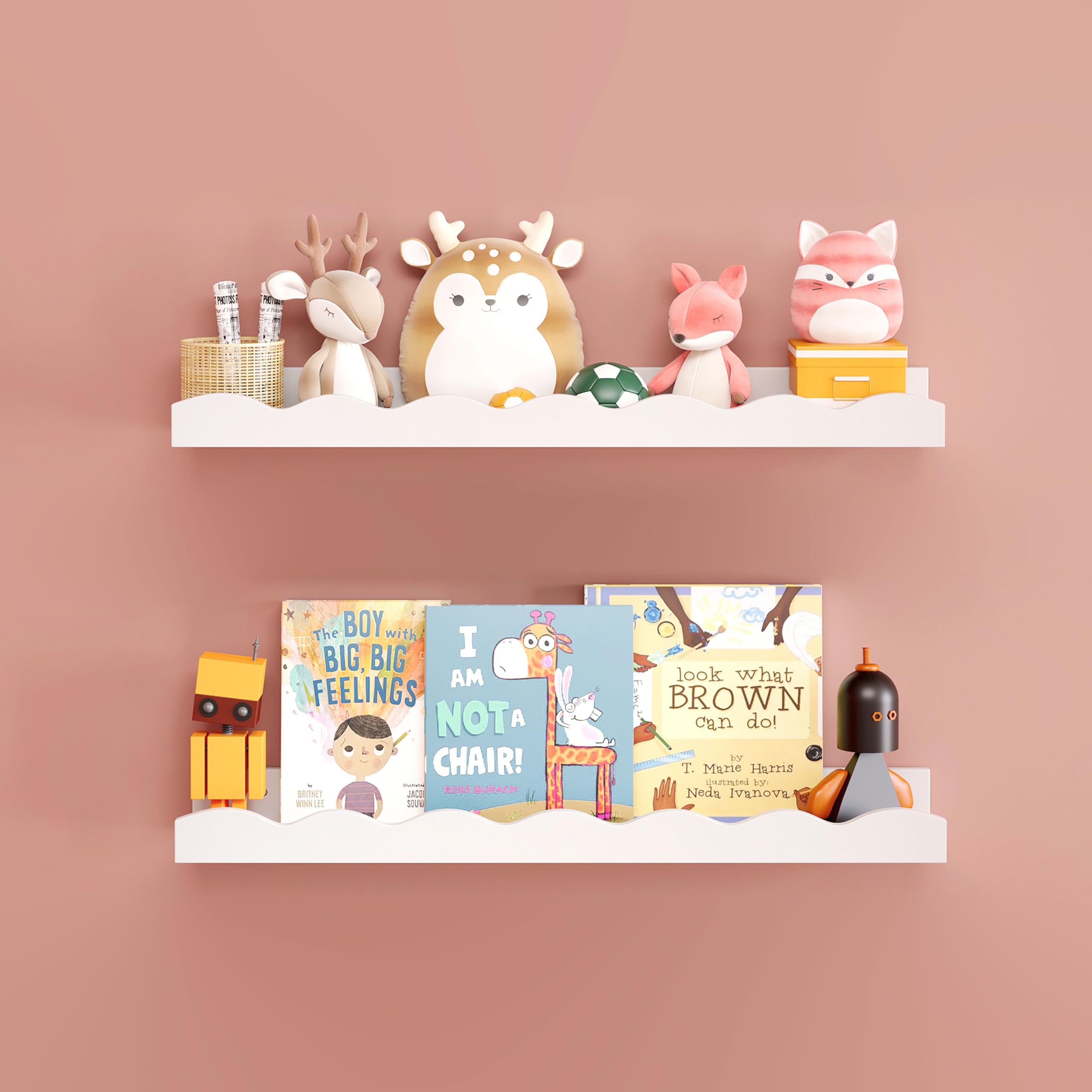 floating shelves for wall décor 24 inch long set of 2 nursery book shelves bathroom shelves over toilet shelf for books, plants, toys, photo frames, picture ledge-white