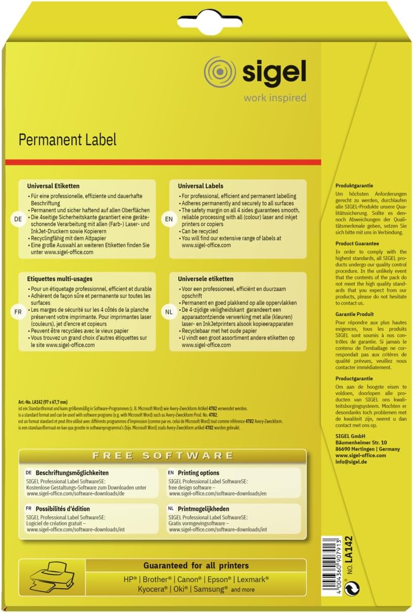 Sigel LA142 Universal Labels, 3.82 x 2.67 inches, White, 200 Labels