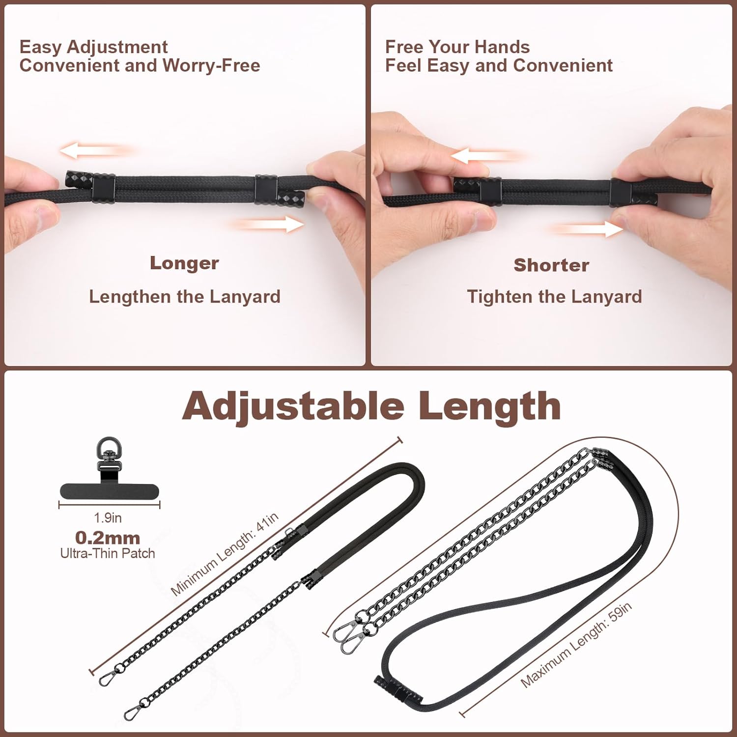 Cell Phone Chain Crossbody Phone Lanyard with 2 Metal Tether Tabs, Adjustable Black Braided Phone Strap and Phone Chain Strap Combination, Cell iPhone Lanyard Crossbody for Women and Men, Black - Image 8