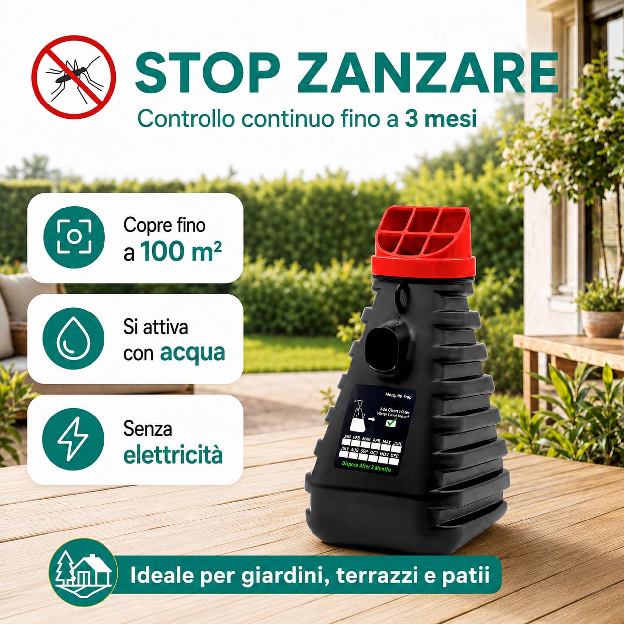 MOSQUITO TRAP | 1 PZ Trappola Zanzare Esterno Efficace 3 Mesi - Larvicida e Adulticida con Tecnologia a Rilascio Lento - Copertura 100mq - Esca Organica Inclusa - Antizanzare Prodotto
