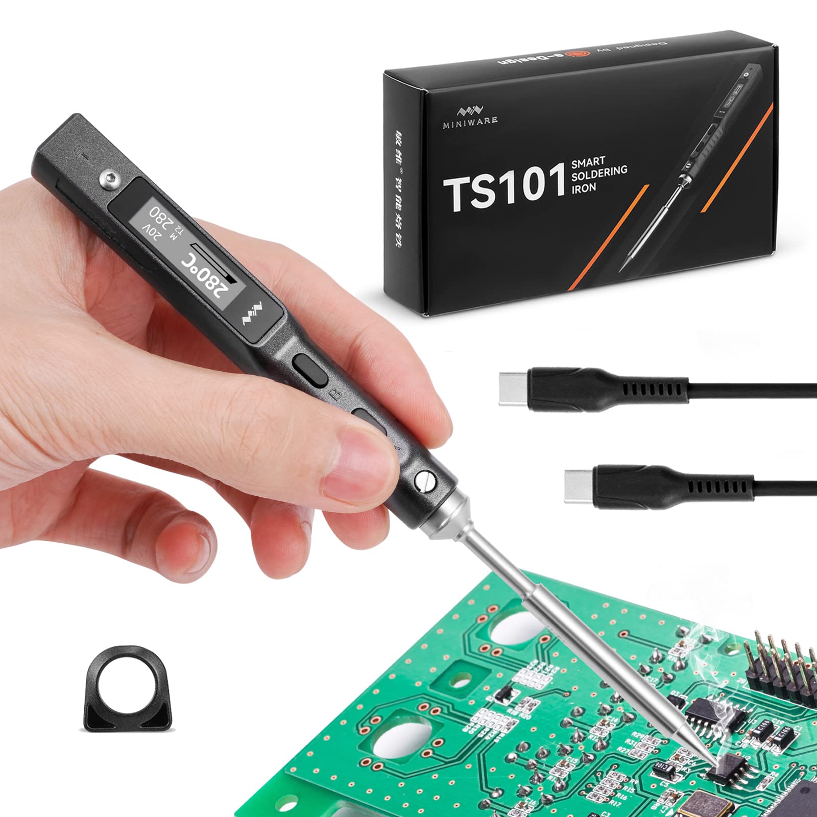 TS101 65W Soldering Iron Portátil, Soldador Electrico Profesional con Punta TS-I y USB Cable, Mini Digitales Soldador Inalambrico, DC+PD Entrada de Alimentación, Pantalla LCD, Temperatura Ajustable