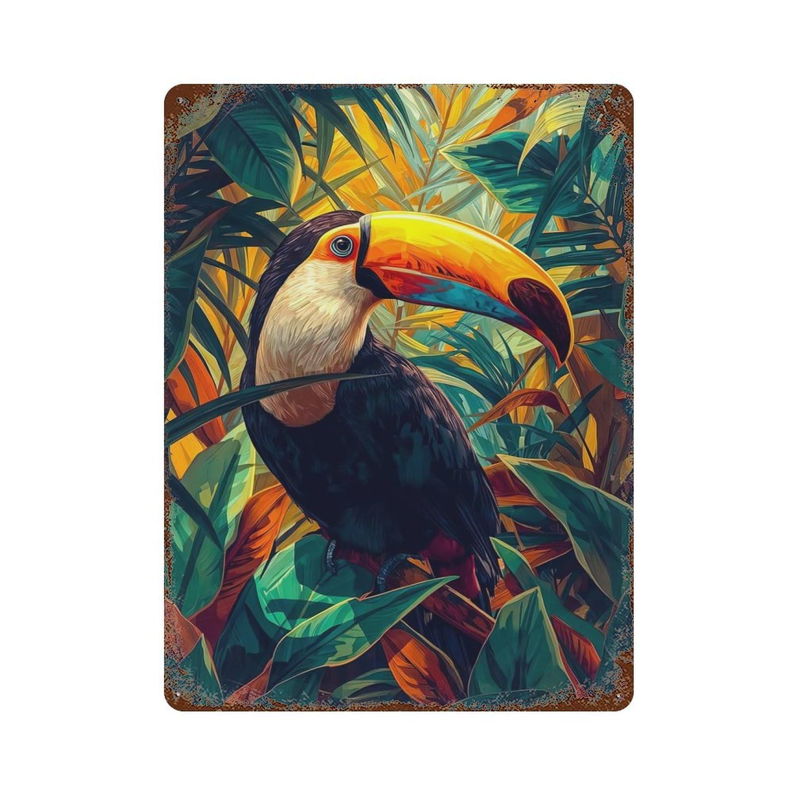 Vibrant Tropical Toucan in Lush Jungle Aged Metal Wall Plaque 15.7"x11.8", Old School Wall Decor for Garage, Pub Or Kitchen