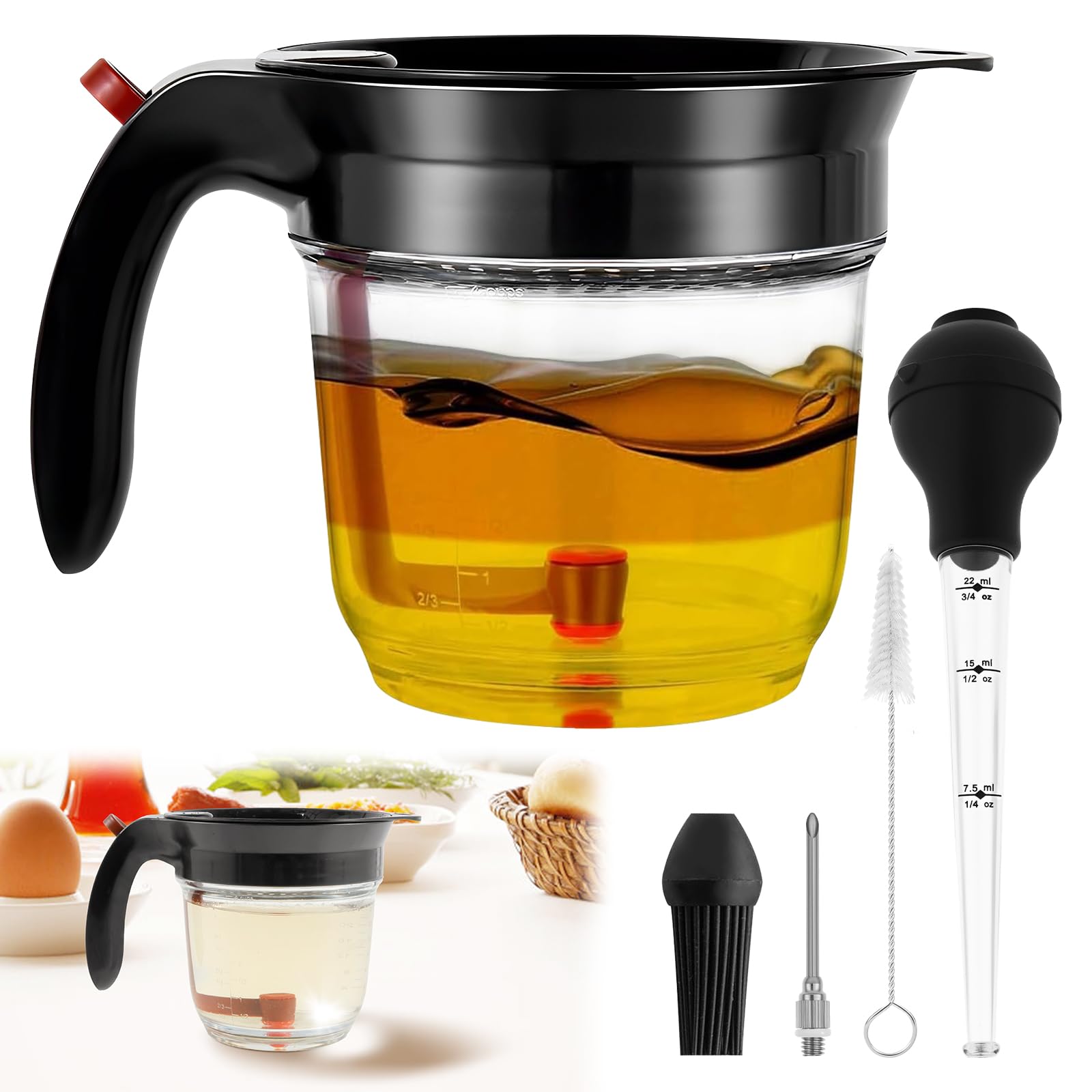 1000ml Fat Separator with Bottom Release, Fat Separation Jug for Cooking Kitchen Gadget, Precise Taste Injection, Turkey Gravy Separator for Skimming Fat from Sauces and Soups