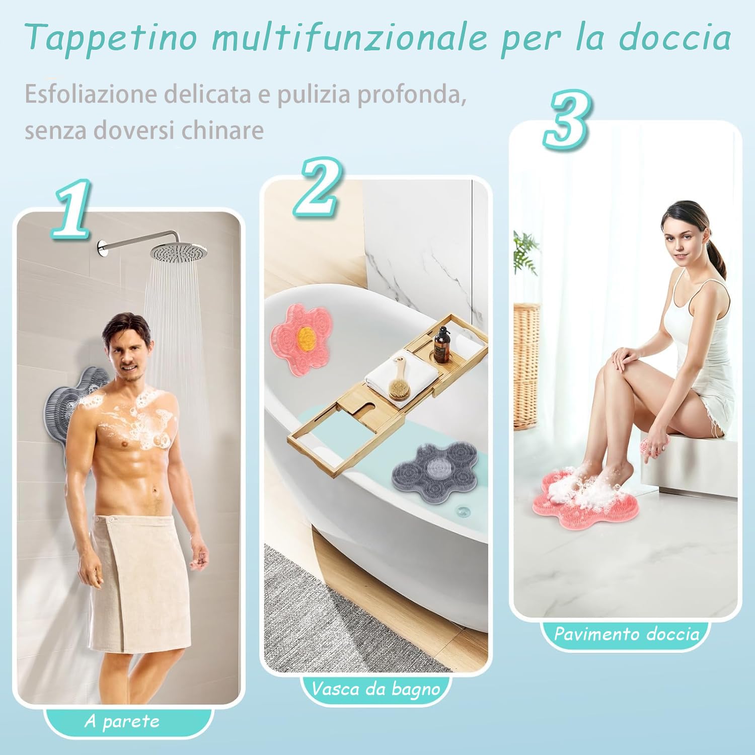 lavapiedi per Doccia, 14.2 * 11.2in Tappetino in Silicone per Doccia lavapiedi, Antiscivolo con Ventose per Lavapiedi, Spazzola per Piedi per Cura e Pulizia Profonda (Grigio)