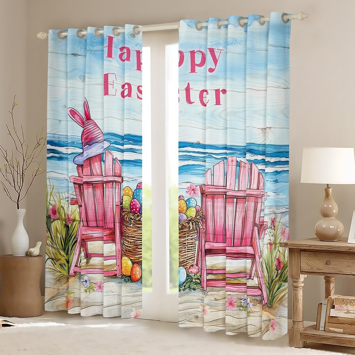 Happy Easter Window Curtain,Colorful Easter Eggs Curtains for Kids Girls Boys Teens Room Decor,Watercolor Ocean Beach Window Treatment Curtain Rustic Wood Print Window Drapes,2 Panels,42Wx90L
