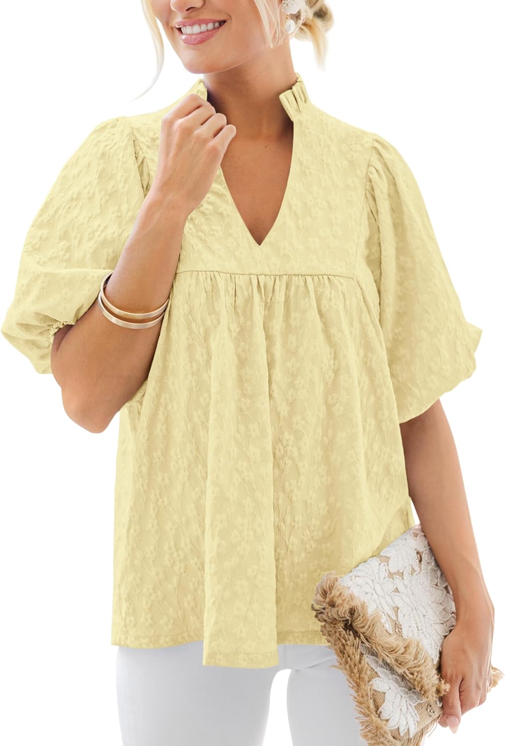MASCOMODA Womens Summer Tops 2026 Ruffle V Neck Blouses Loose Puff Short Sleeve Jacquard Babydoll Tops Casual Dressy T-Shirts