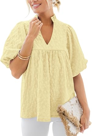 MASCOMODA Womens Puff Short Sleeve Peplum Babydoll Tops 2026 | Dressy Peplum Tops for Women, Cute Ruffle V Neck T-Shirts, Jacquard Floral Loose Fit Casual Blouses, Flowy Fall Summer Tops