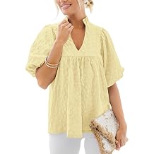 MASCOMODA Womens Summer Tops 2026 Ruffle V Neck Blouses Loose Puff Short Sleeve Jacquard Babydoll Tops Casual Dressy T-Shirts