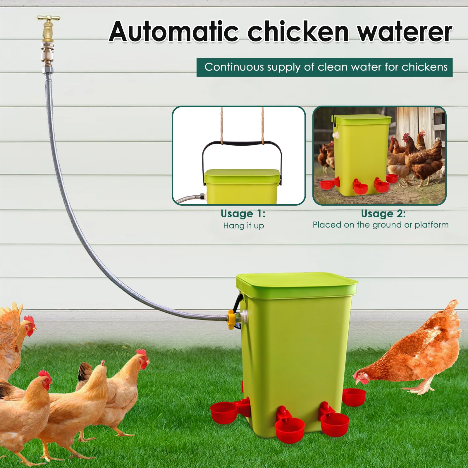 Regadera automática de pollo con válvula flotante, bebedero colgante de 3.2 galones con 6 tazas de agua, dispensador de agua grande de codorniz, pavo, ganso, gallinero