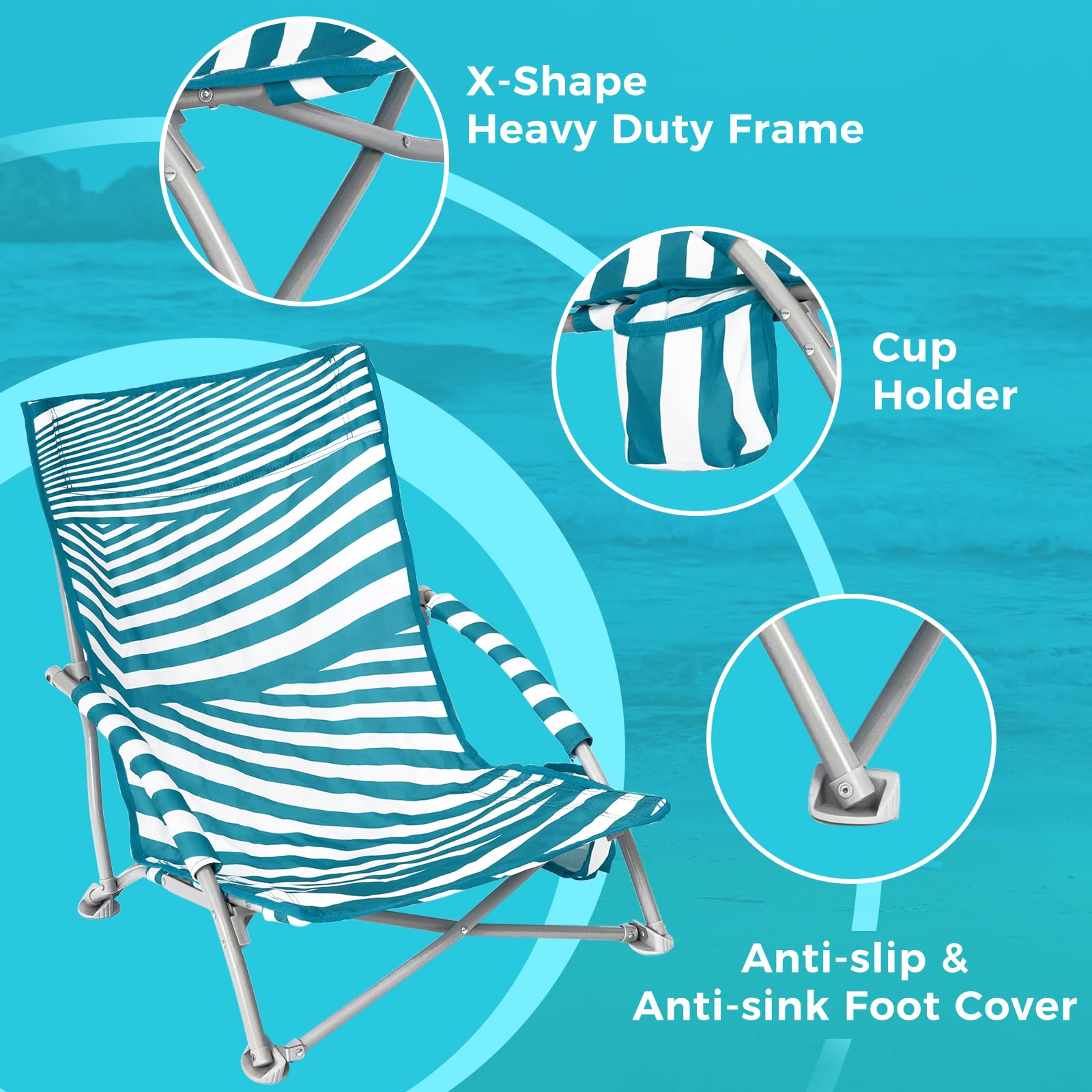 #WEJOY Chaises de Plage Basses pour Adultes - Chaise de Plage légère avec Porte-gobelet - Chaise de Plage Portable Robuste avec Sac de Transport pour extérieur, pelouse, Camping, Voyage, Pique-Nique,