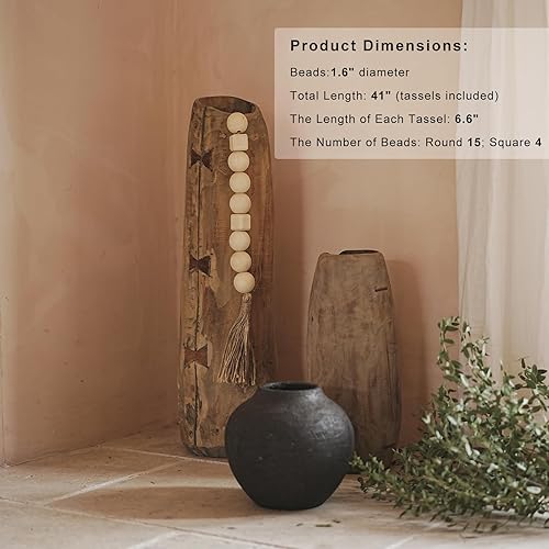 Miniatura 2 de RUIRUICO Guirnalda de cuentas de madera extra grande con cuentas de madera redondas y cuadradas de 1.6 pulgadas de diámetro, guirnalda de cuentas de