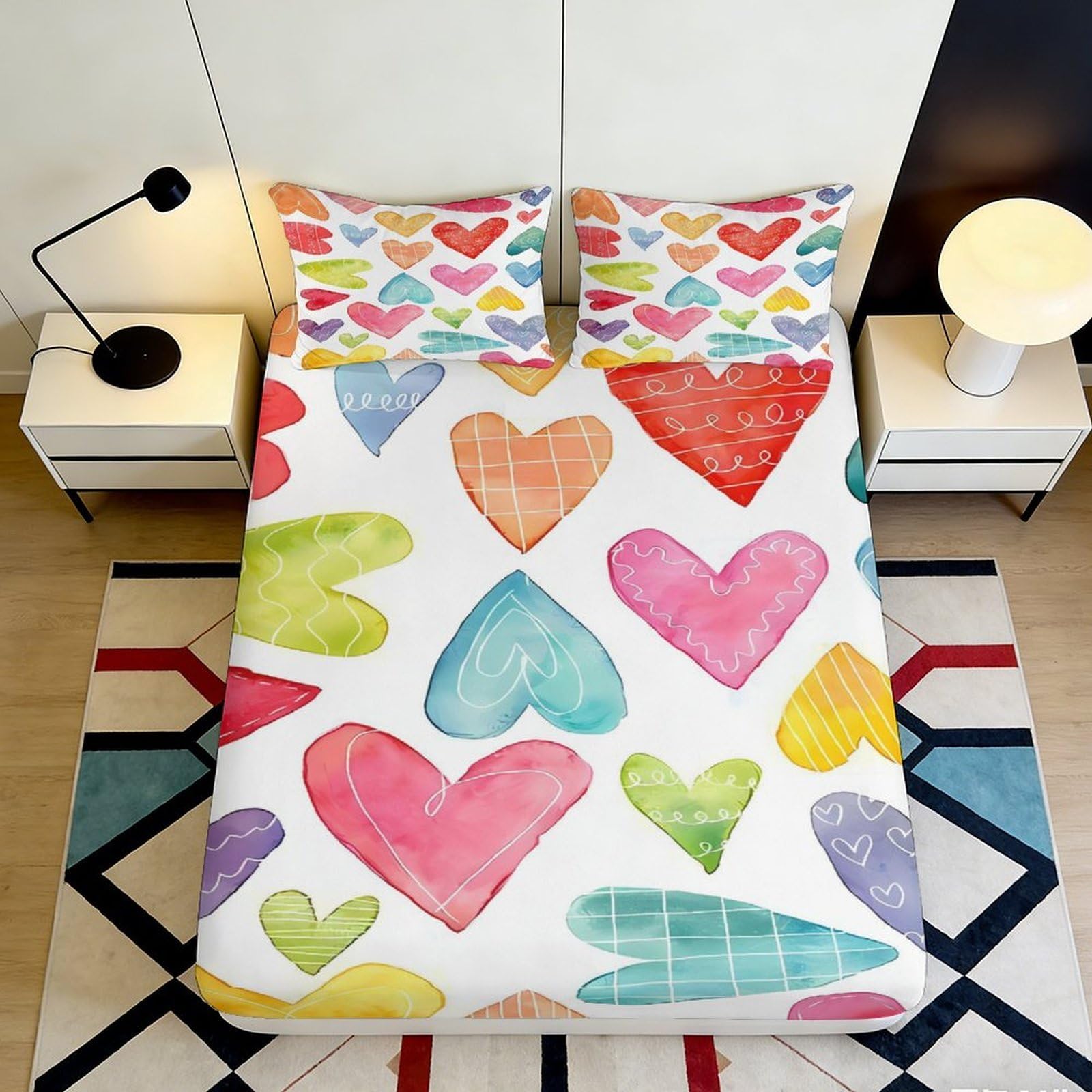 3D Printed Colorful Heart Pattern Fitted Sheet Microfiber Soft Breathable Vibrant Heart Design Mattress Cover for Bedroom Dormitory Guest Room Protection Decor 140x200x25cm