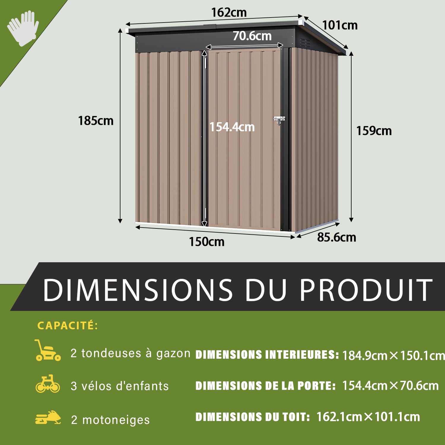 YODOLLA Abri de Jardin Métal, Cabane de Jardin Extérieur avec Sol Intégré & Toit Incliné, Porte Coulissante, Résistant aux Intempéries, Rangement Outils pour Jardin & Stockage（Gris, 162 x 101 x 185cm）