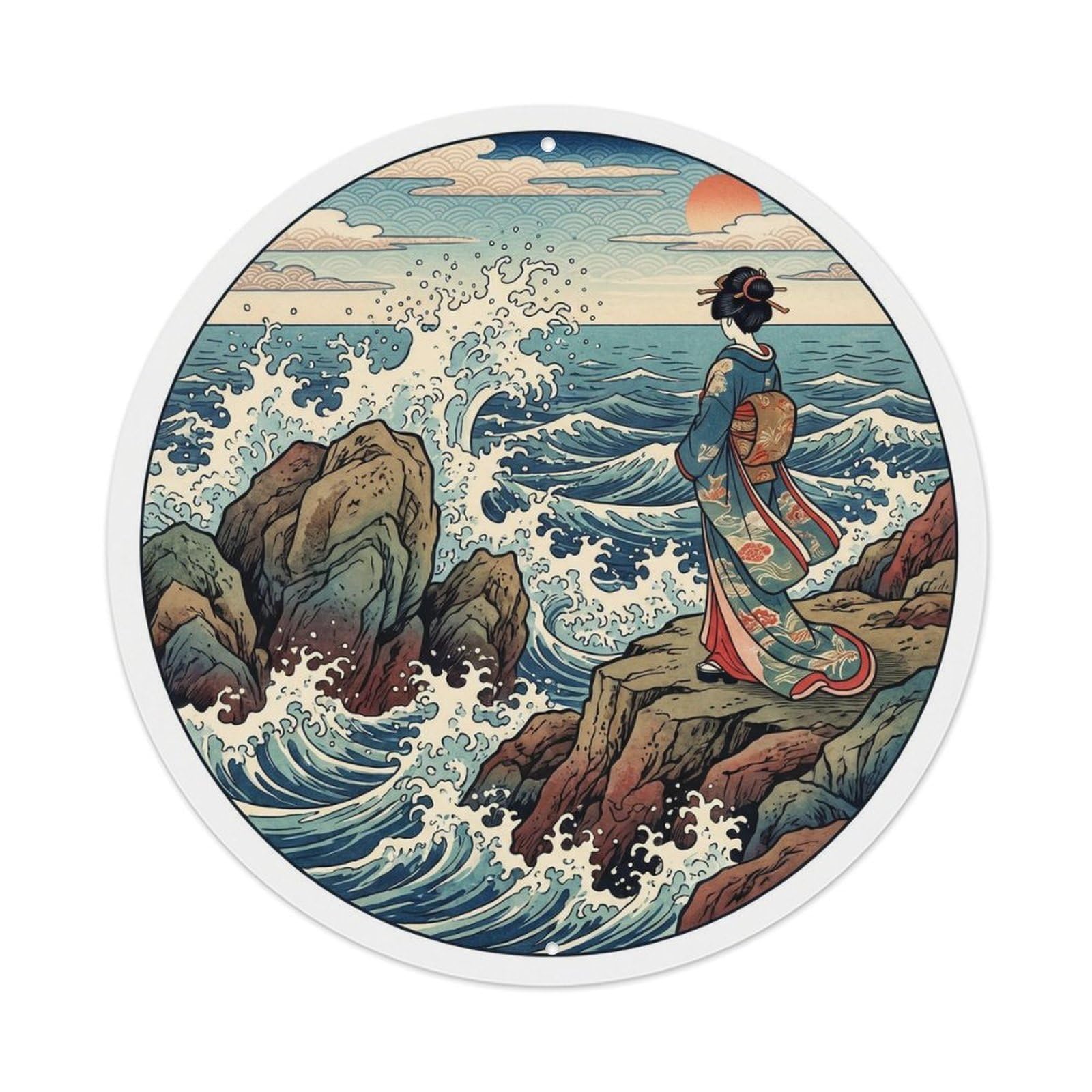 Japanese Geisha Coastal Rocks Rugged Seascape Metal Tin Sign