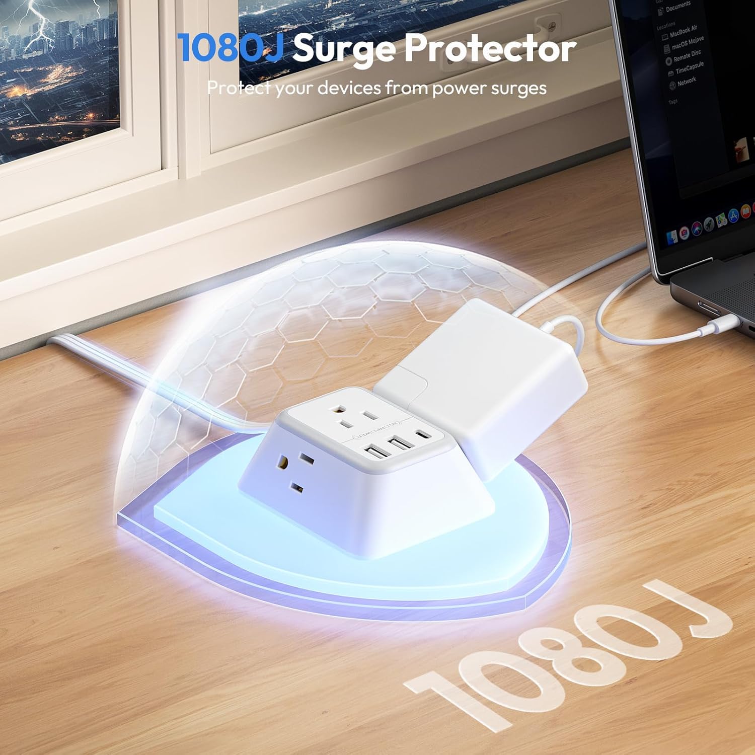 NTONPOWER Split Extension Cord 12FT, Twin Extension Cord Splitter with 3 AC Outlets on Each Side, 2 USB-A & 1 USB-C, 1080J Surge Protector, Flat Plug Double Extension Cord for Behind Sofa Nightstands