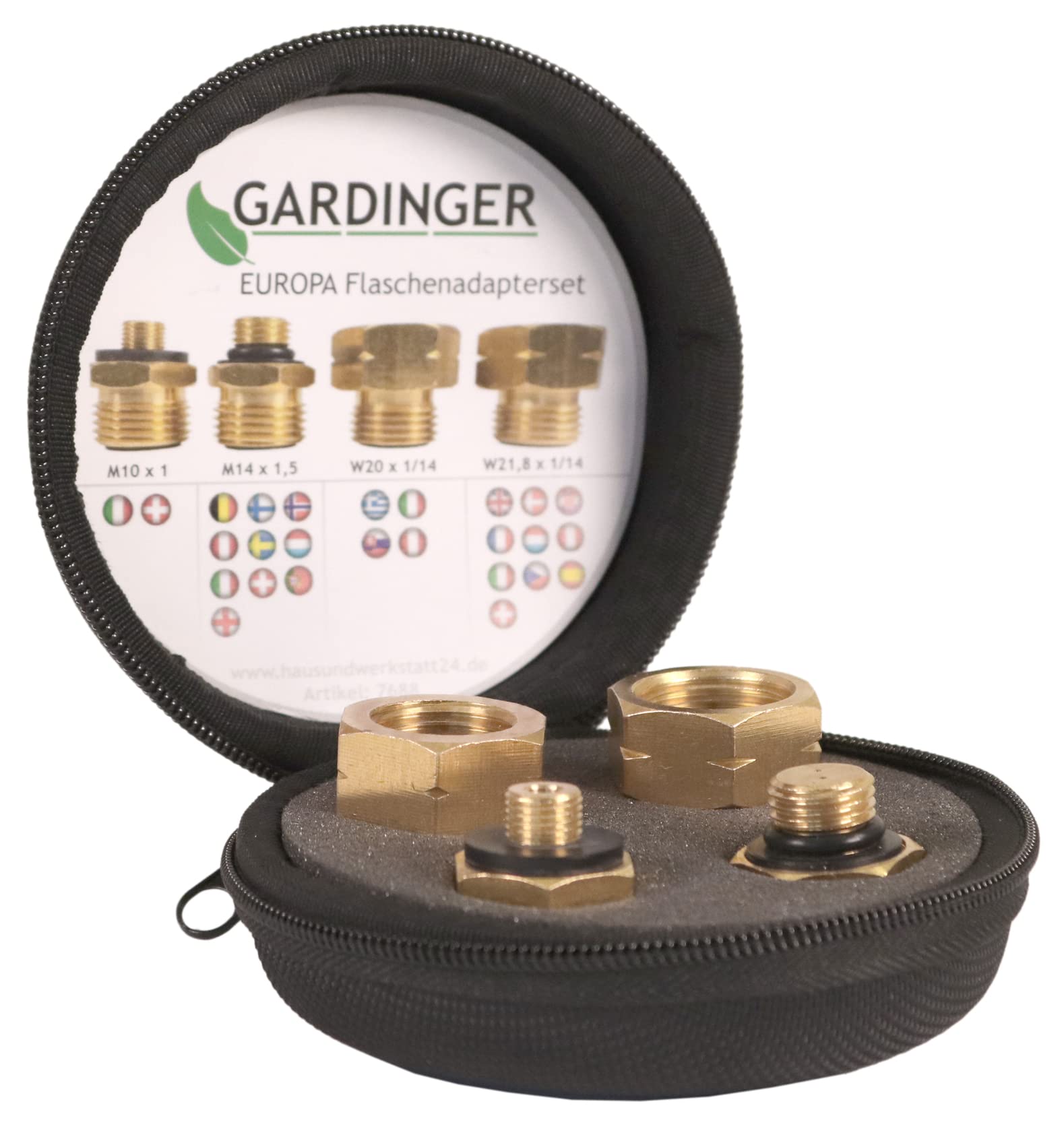 GARDINGER Propanflaschen-Adapterset Europa für Deutschen Druckregler 4-teilig in gepolsterter Softbox